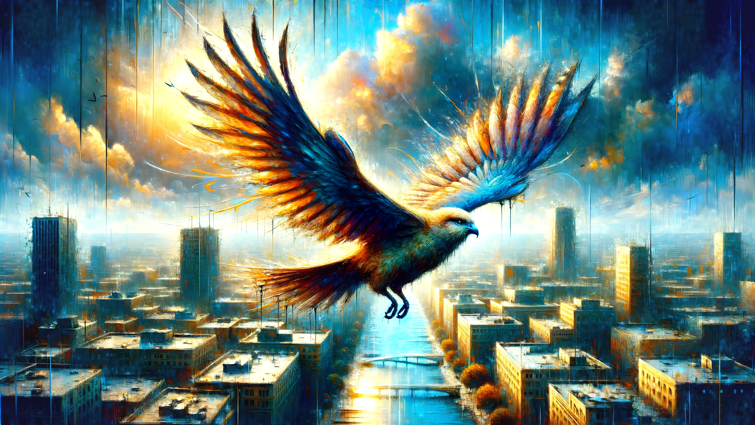 Vibrant Bird Over Cityscape with Dramatic Sky