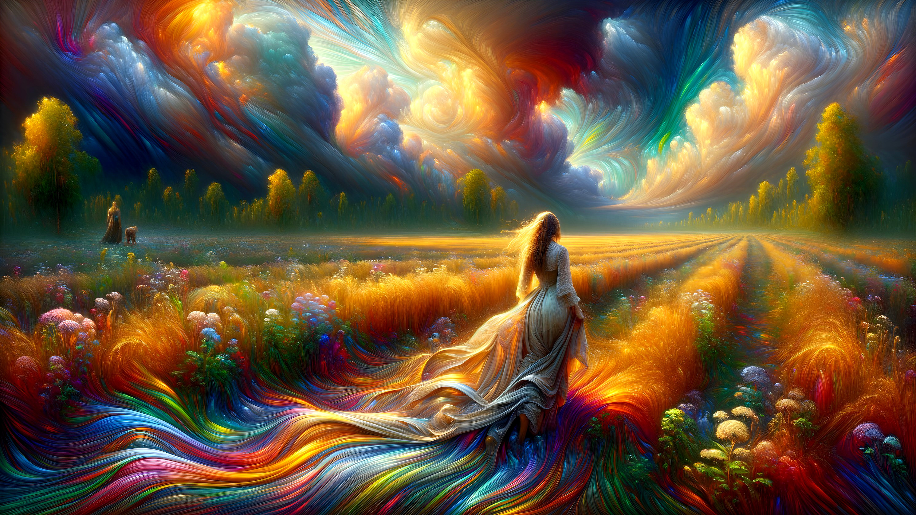 Vibrant Landscape with Colorful Clouds and Flowers