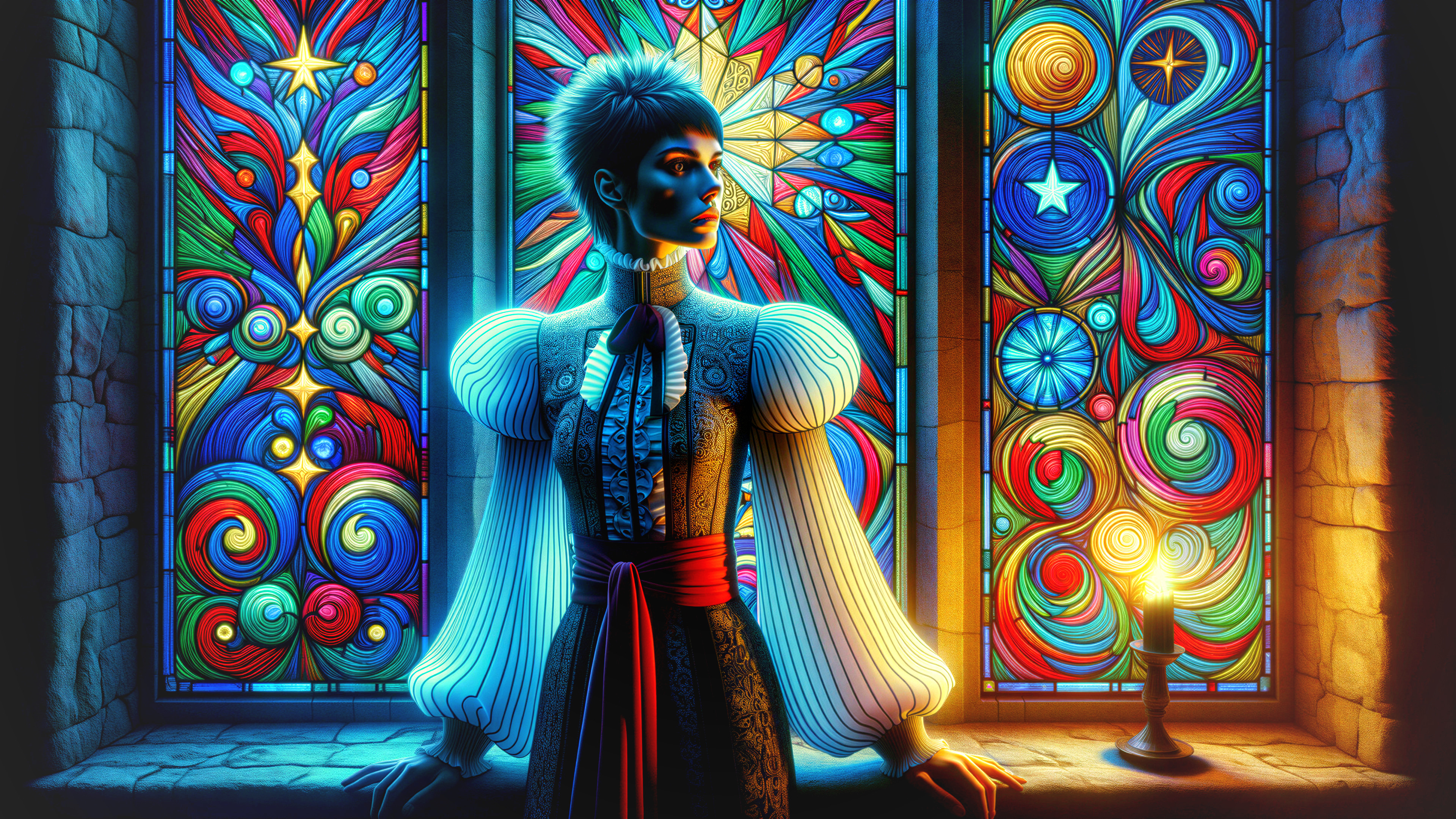 Vintage-inspired figure by a stained glass window