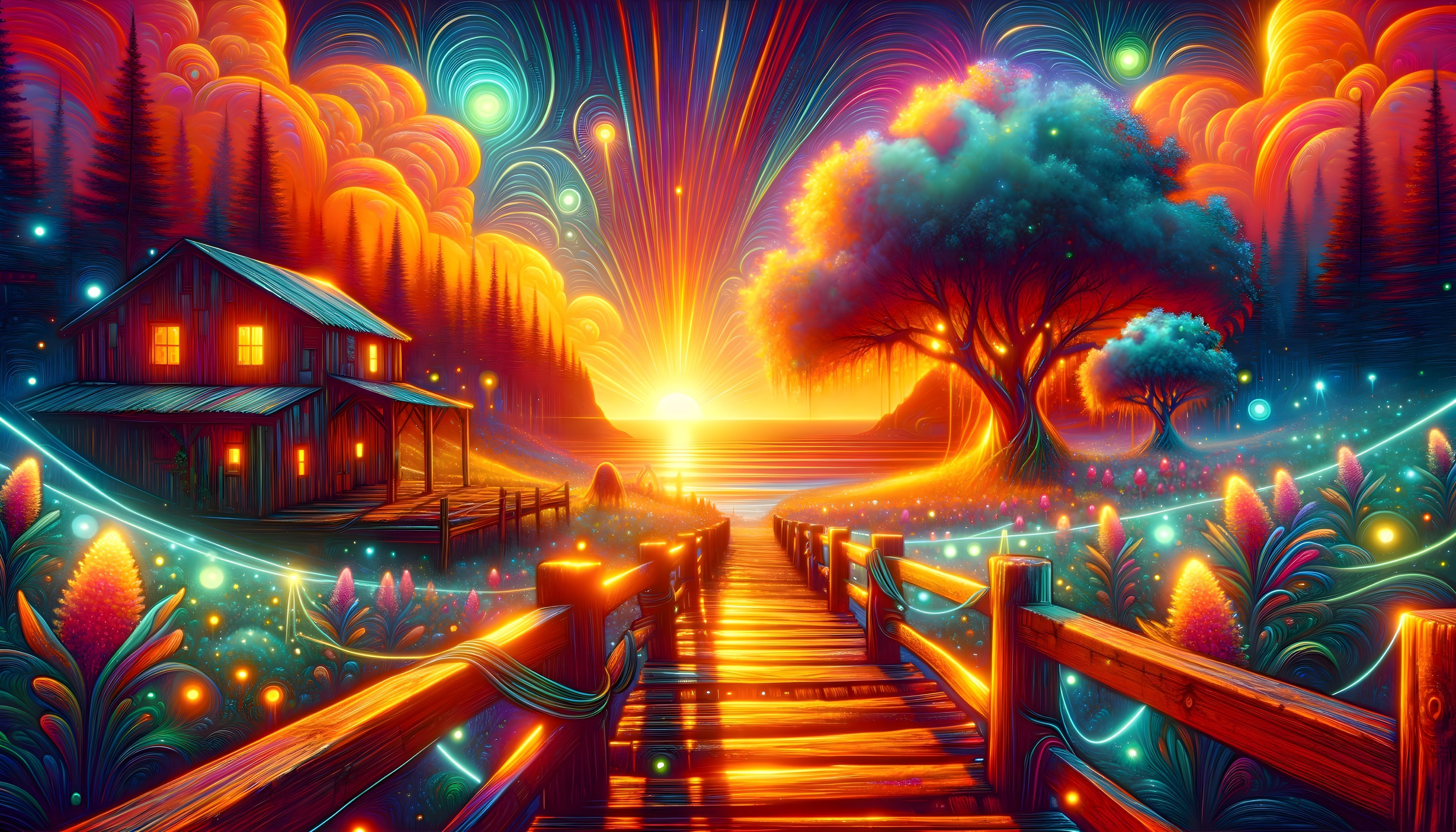 Colorful Digital Artwork: Surreal Sunset with Cabin, Tree, and Luminous Path