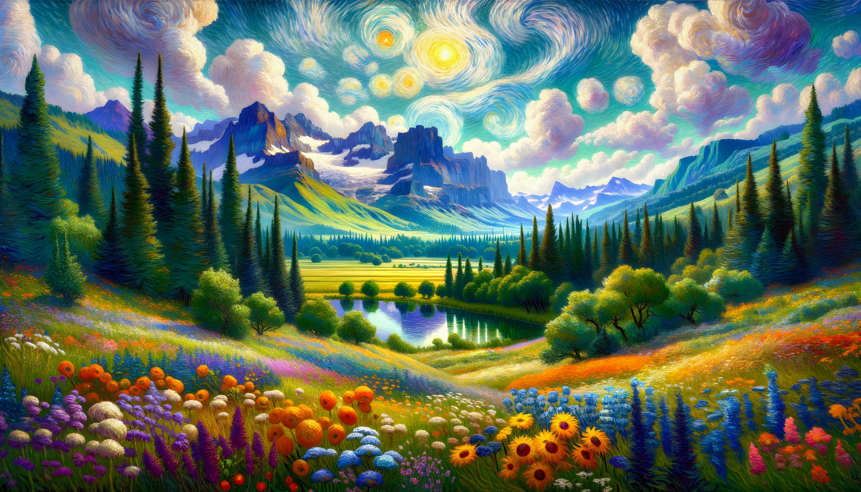 Vibrant Landscape with Wildflowers and Starry Sky