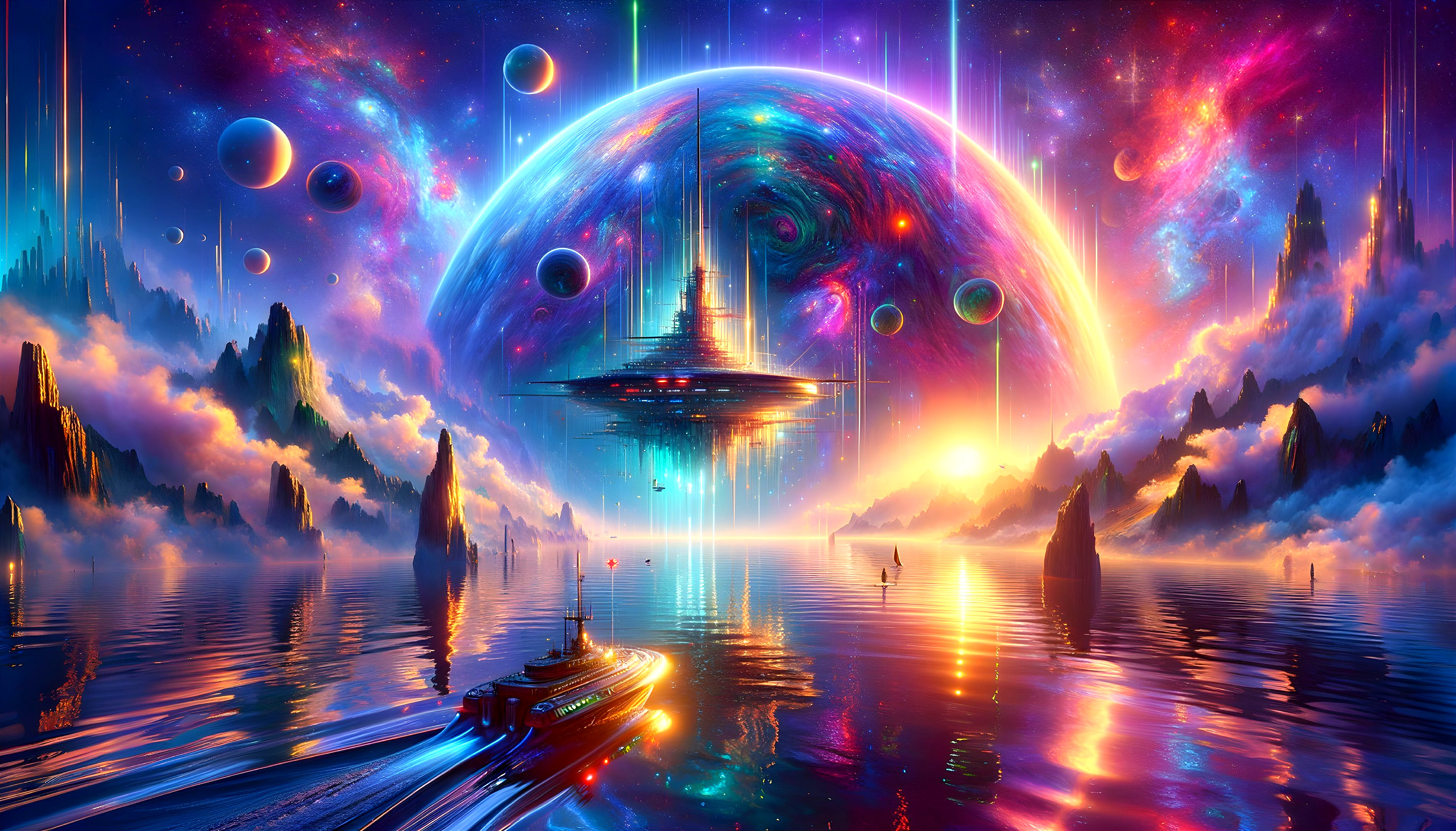 Vibrant Cosmic Landscape with Colorful Planet and Boat