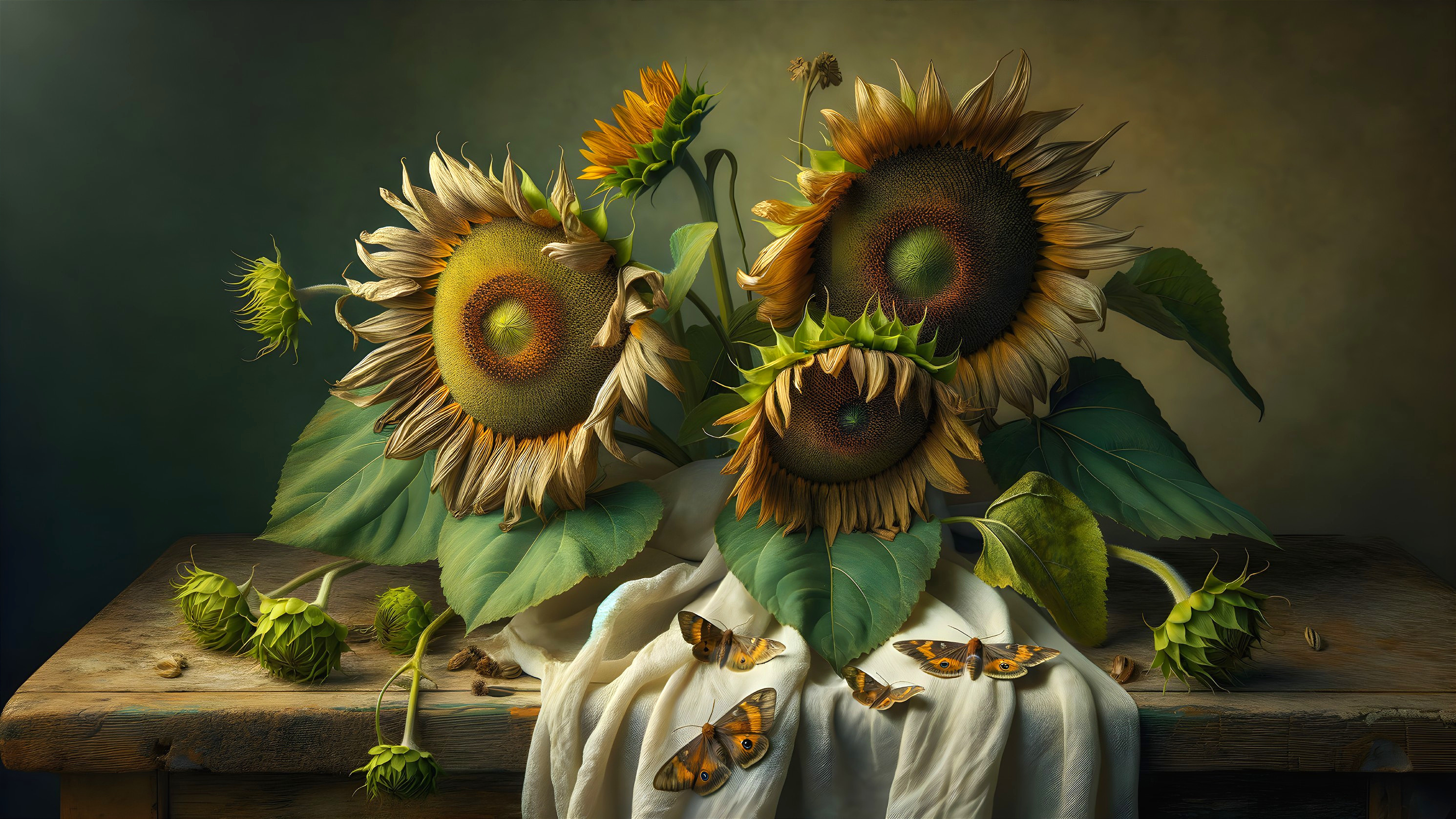 Vibrant Sunflowers in a Rustic Still Life Arrangement