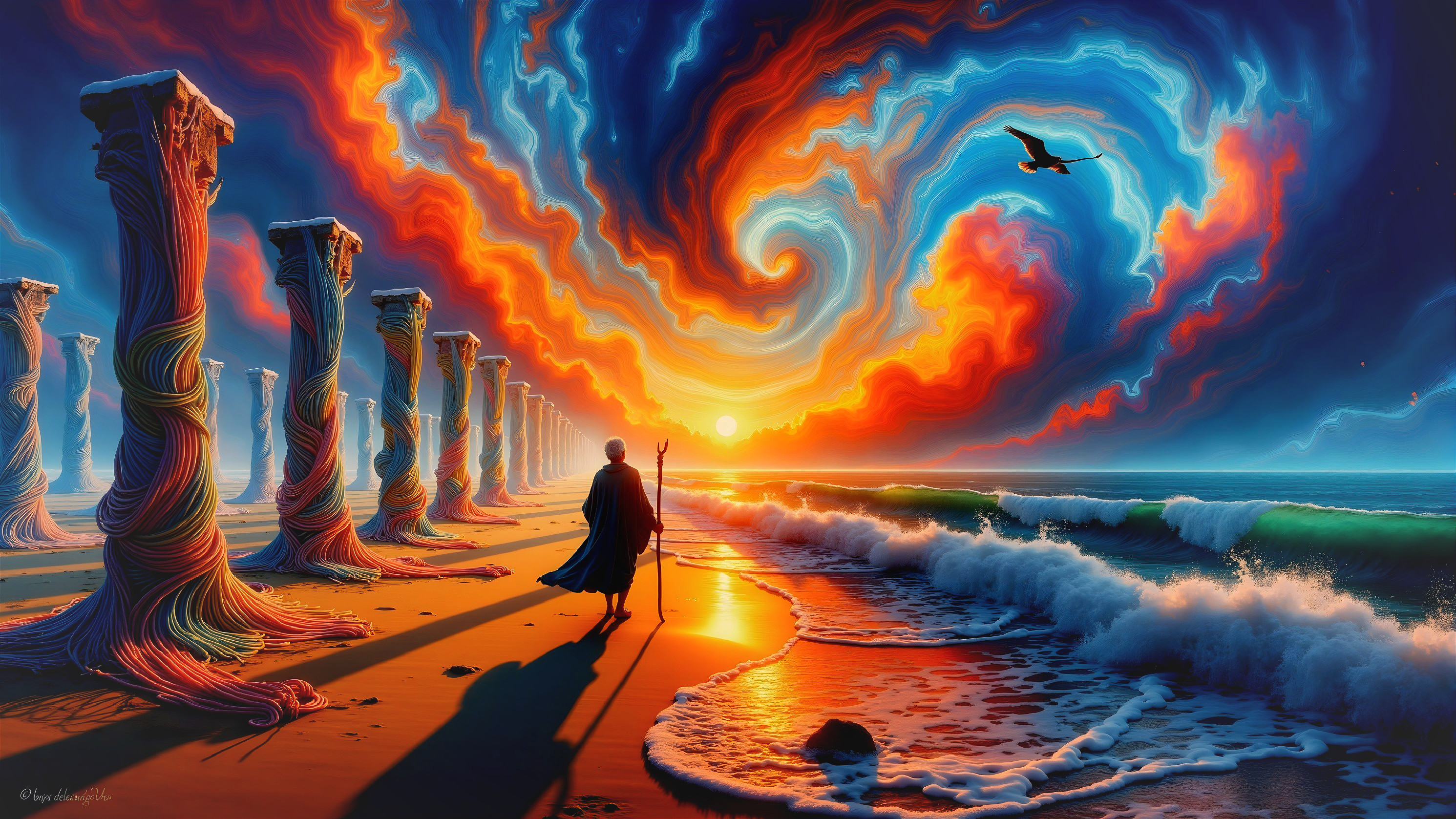 Surreal Beach Scene with Vibrant Sunset and Columns