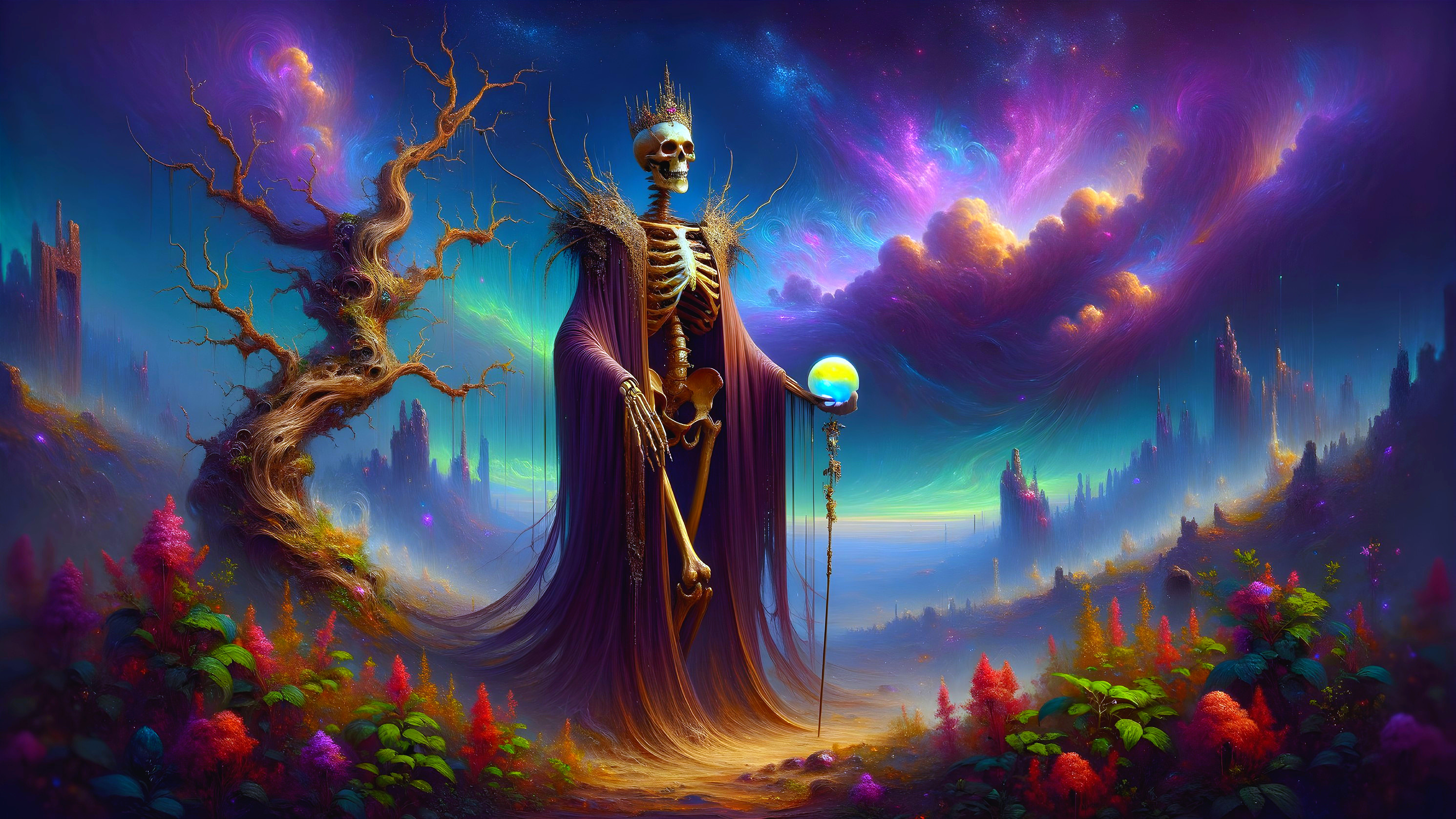 Majestic Skeleton in Surreal Landscape with Cosmic Elements