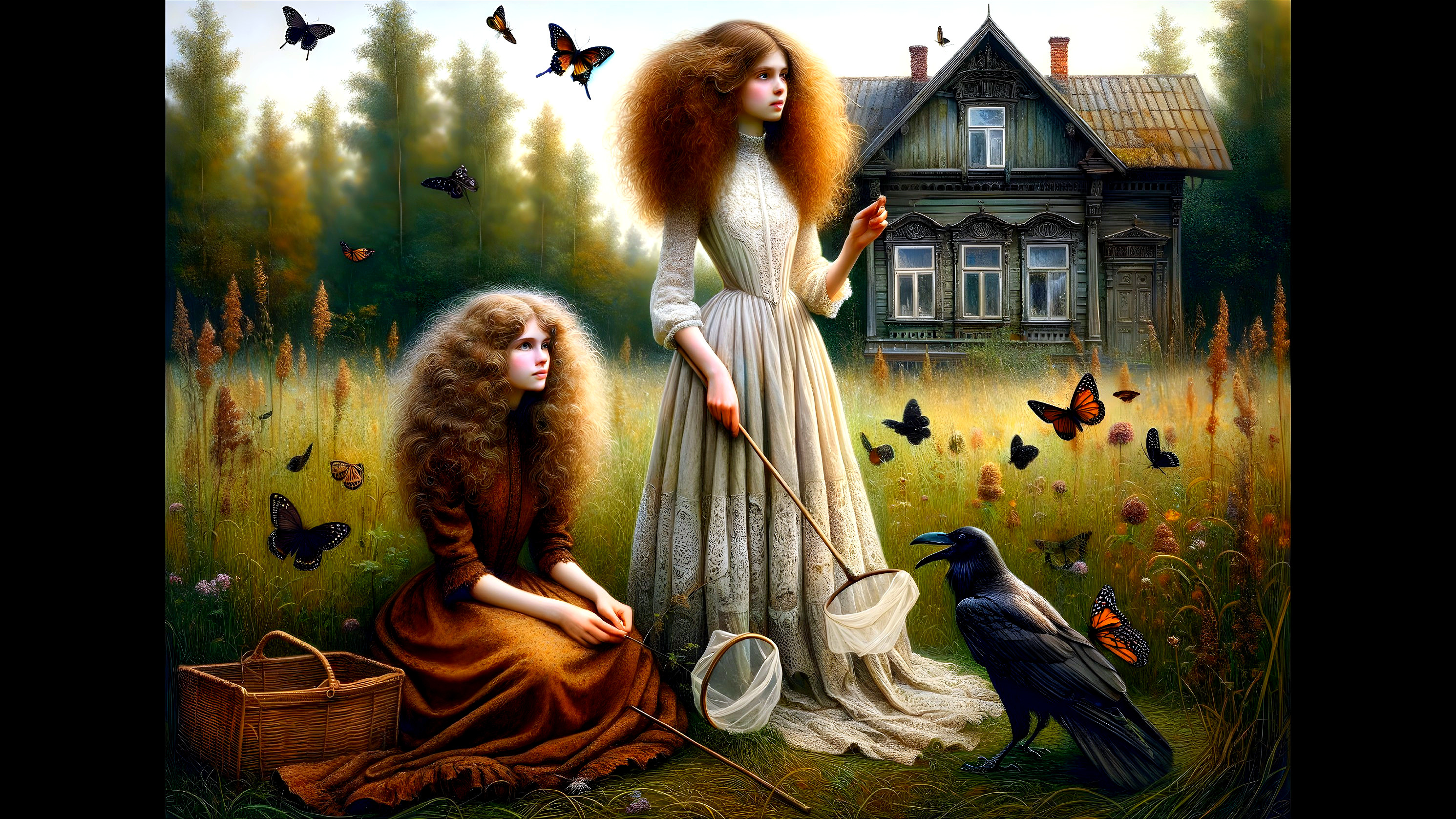 Serene landscape with girls, butterflies, and a raven