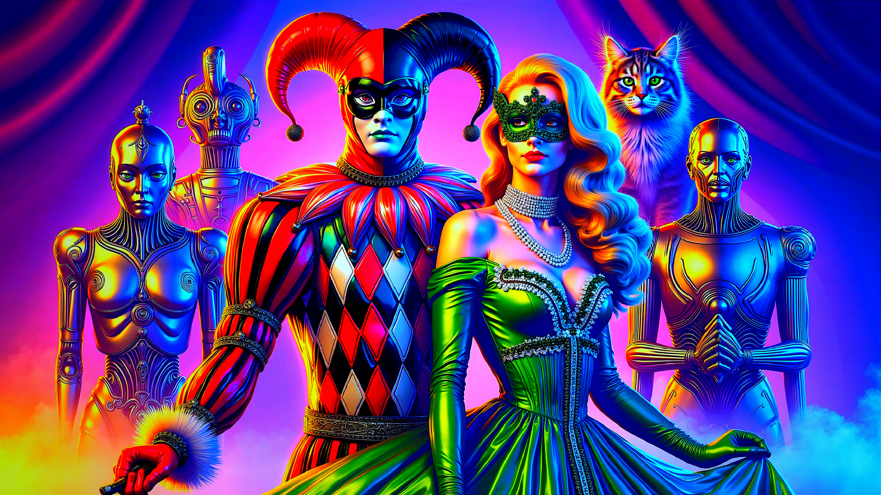 Surreal Scene with Jester and Masked Woman in Gown