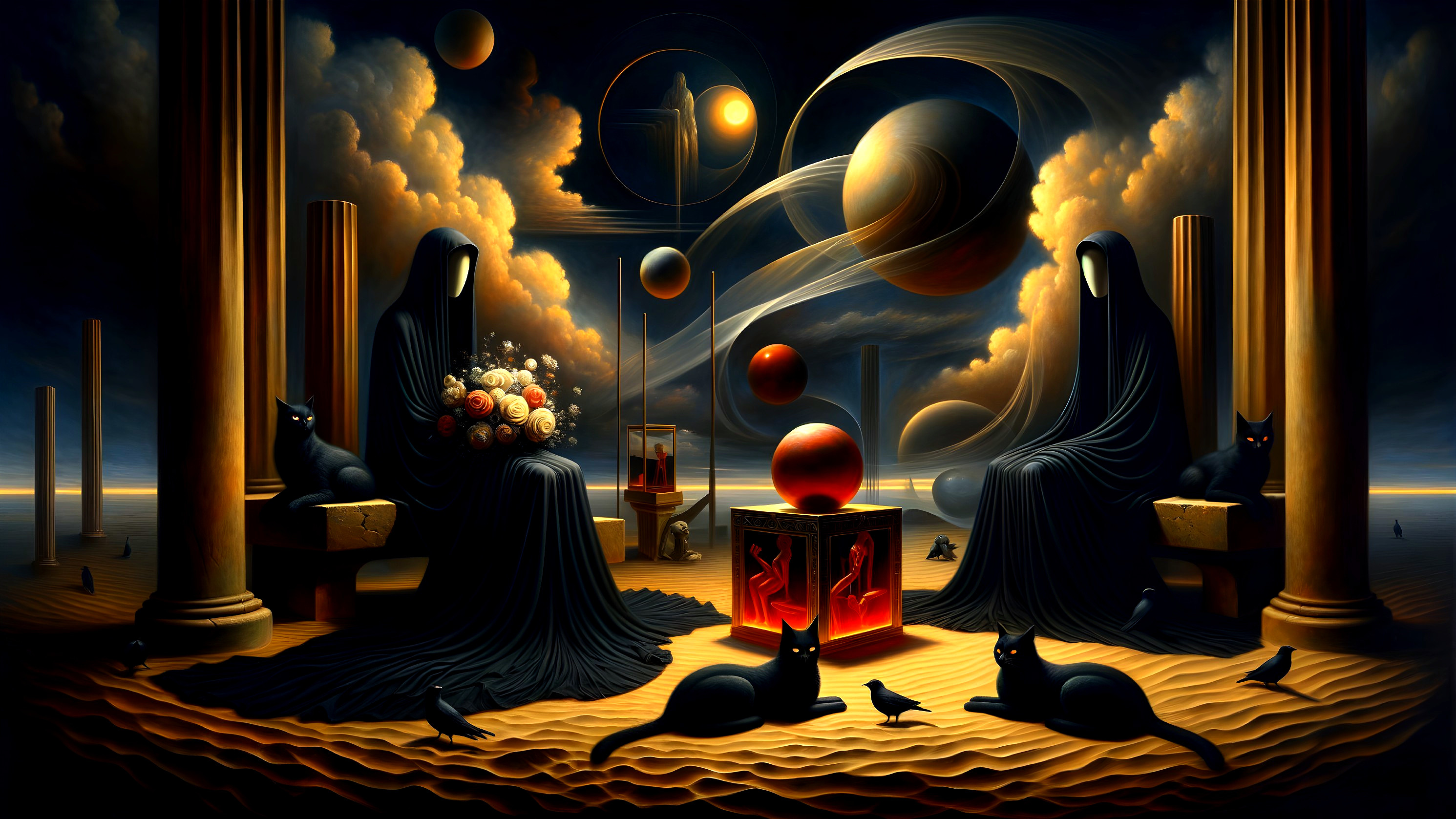 Surreal Landscape with Cloaked Figures and Celestial Orbs