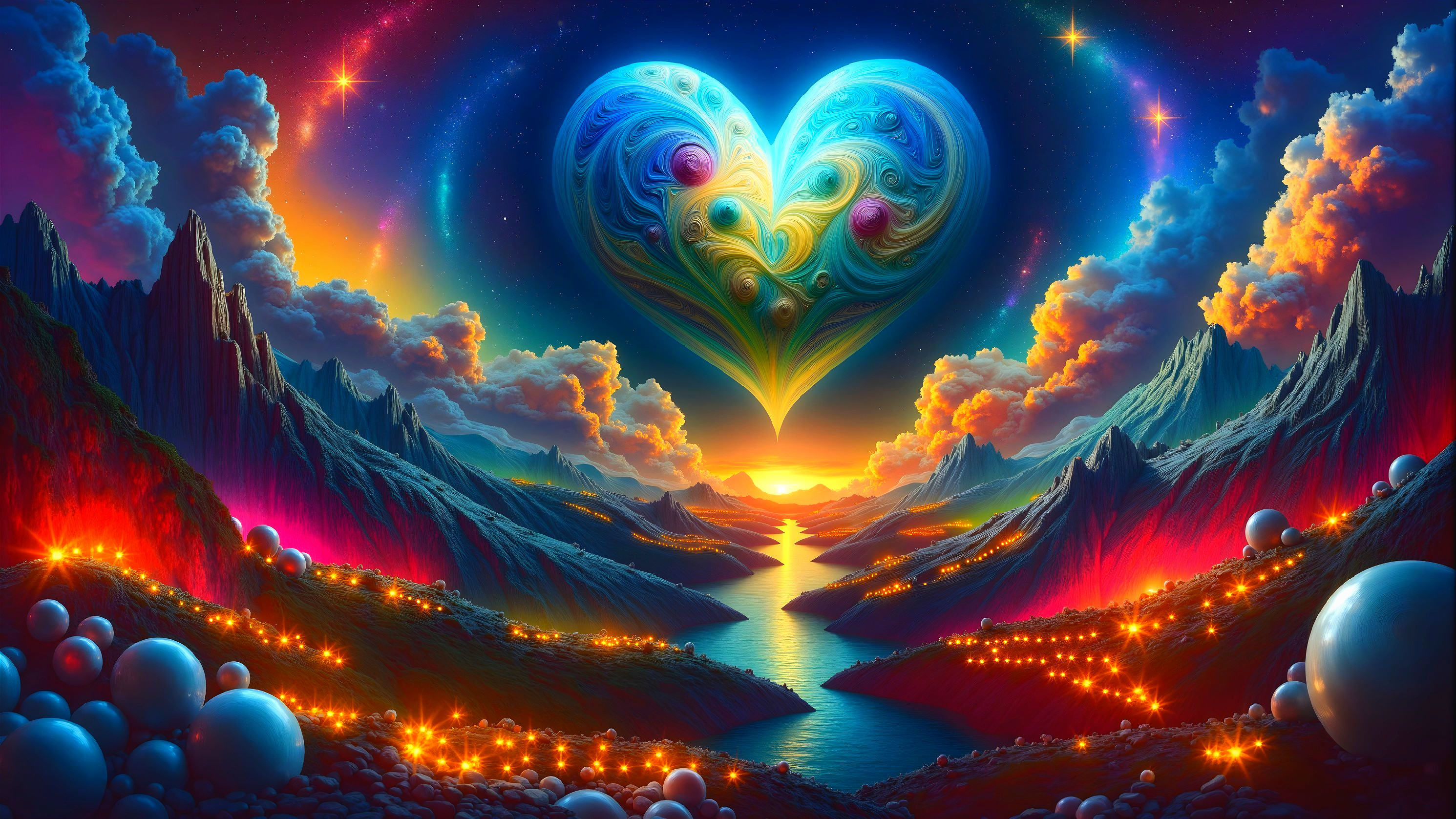 Surreal Landscape with Heart-Shaped Sky Formation