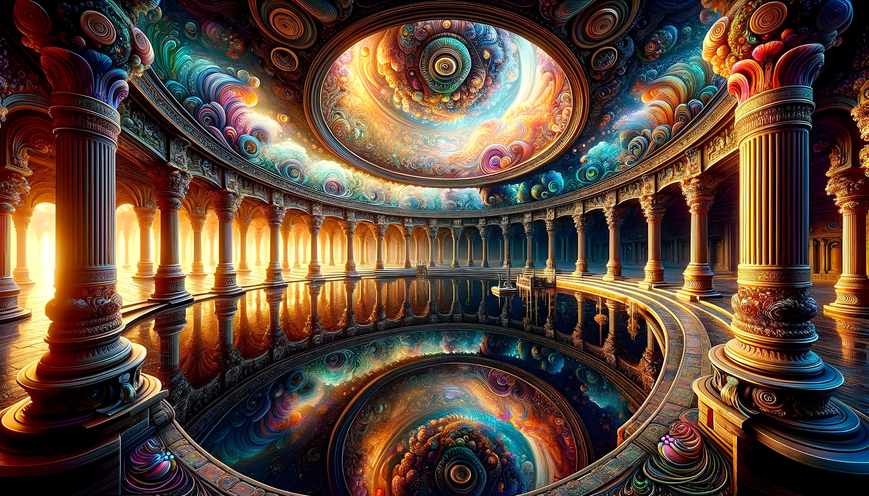 Ornate Baroque Hall with Reflective Floor and Pillars