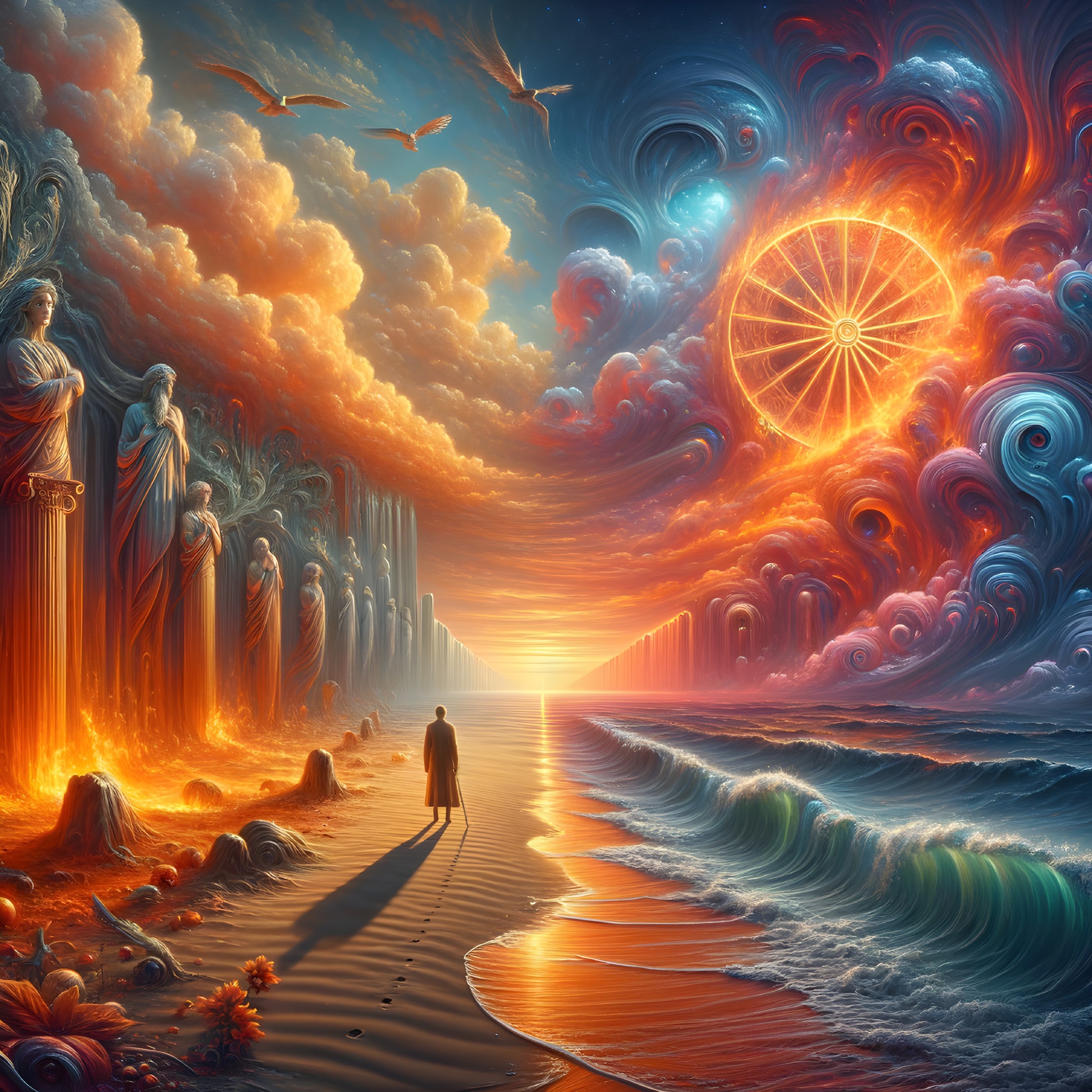 Surreal beach sunset with statues, person, and Ferris wheel