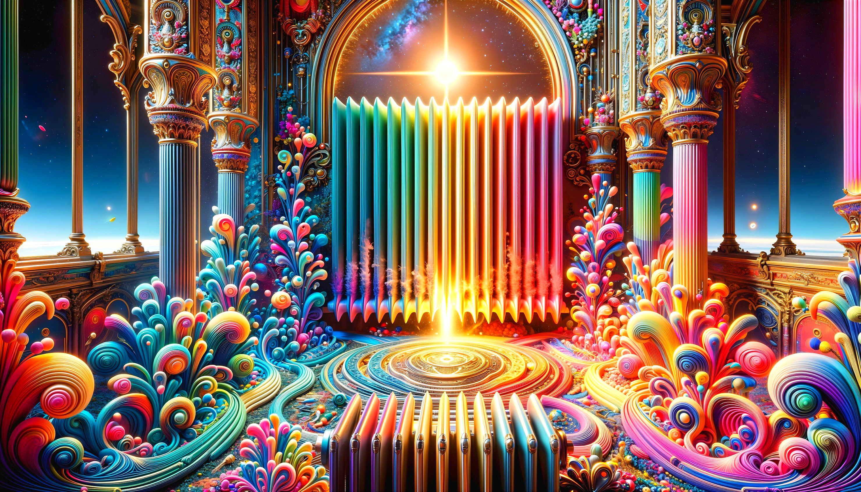 Vibrant Otherworldly Scene with Ornate Archway