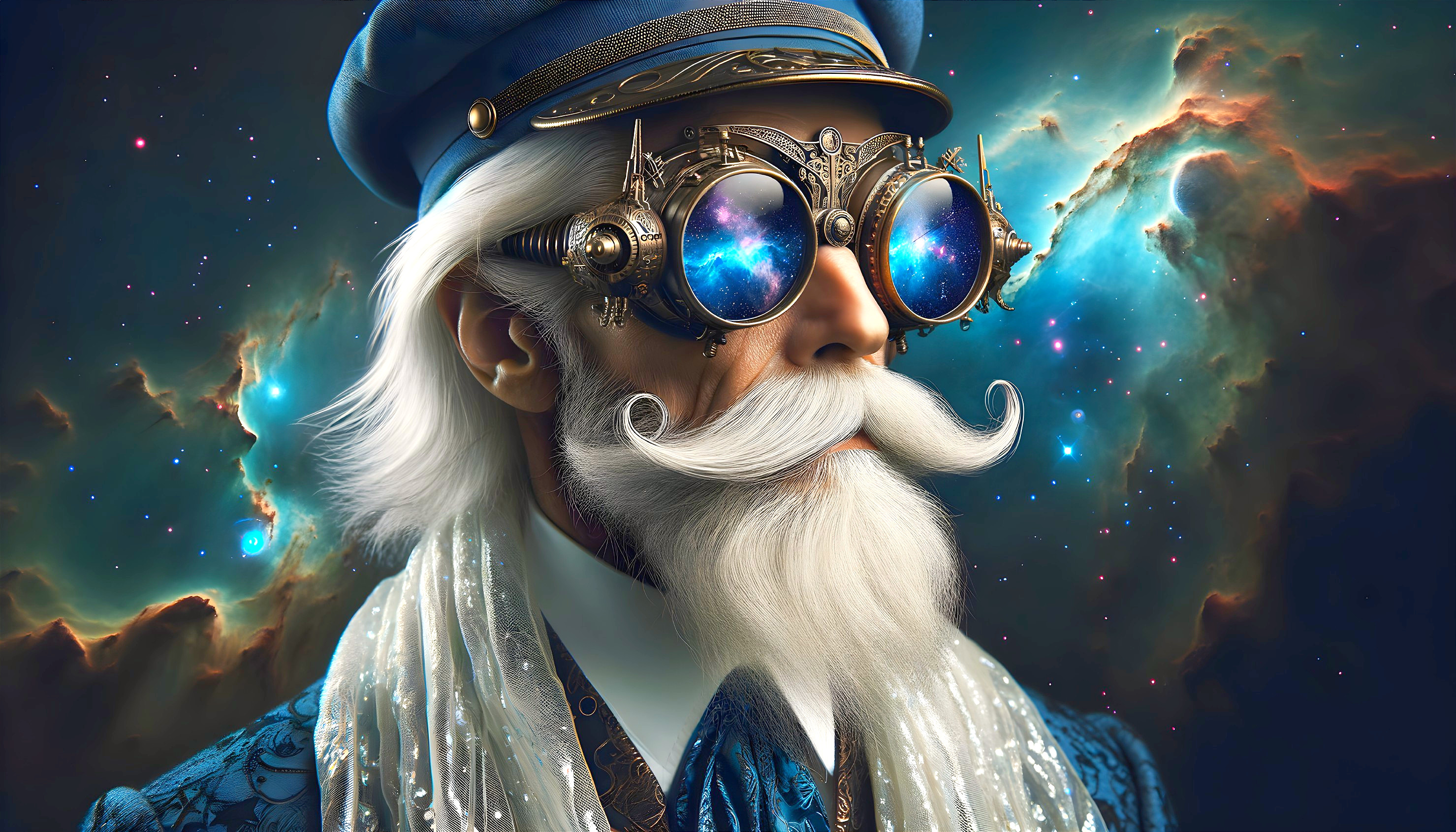 Elderly Man in Blue Outfit with Steampunk Goggles