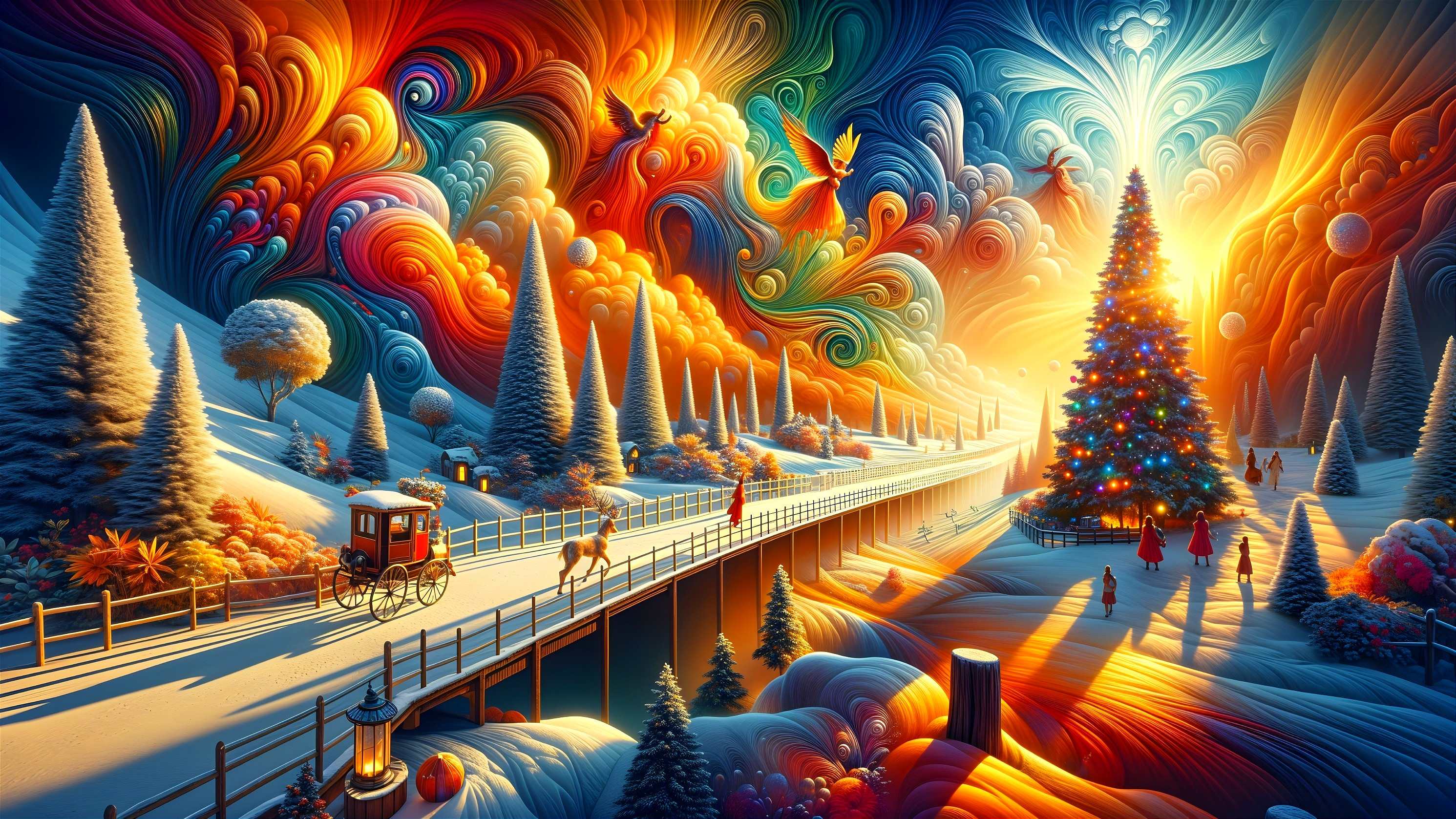 Vibrant Winter Landscape with Christmas Elements