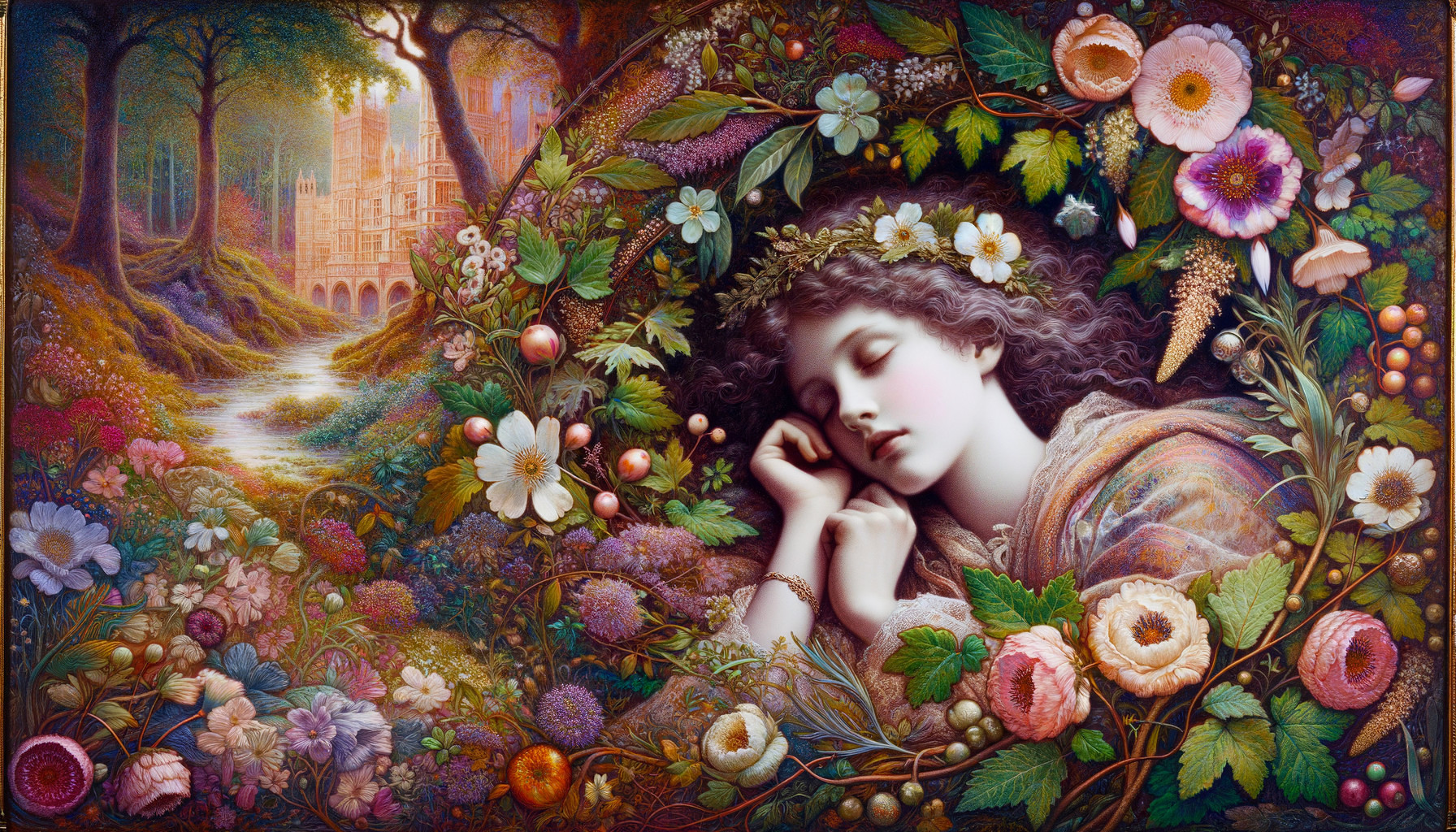 Woman Among Colorful Flora with Bridge and Castle