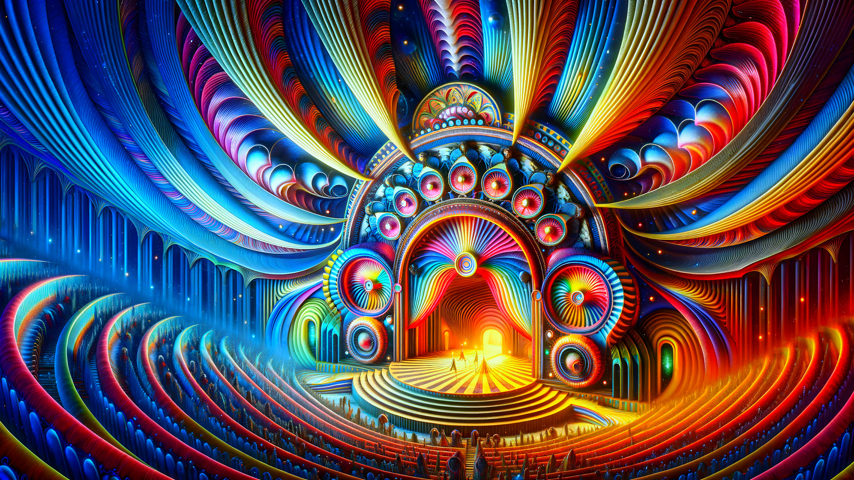 Surreal Grand Theater with Bold Colors and Patterns