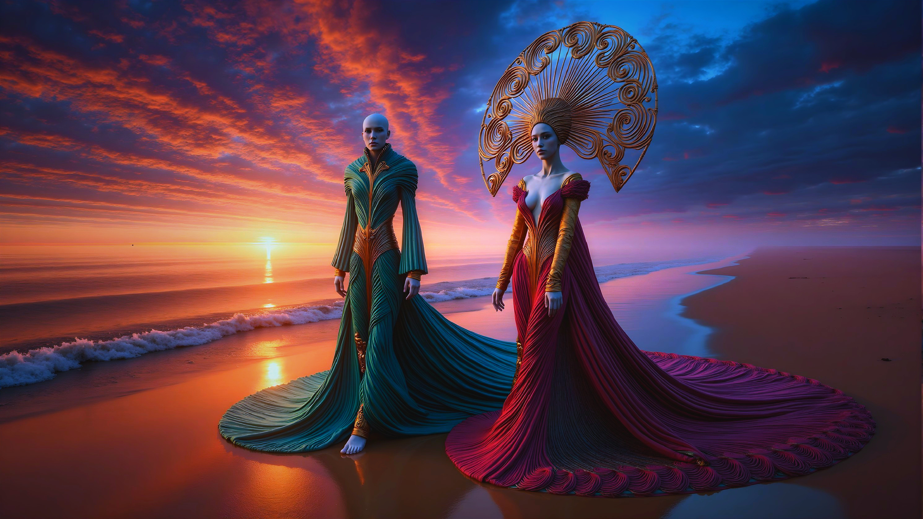 Elegant Figures in Dresses at Serene Sunset Beach