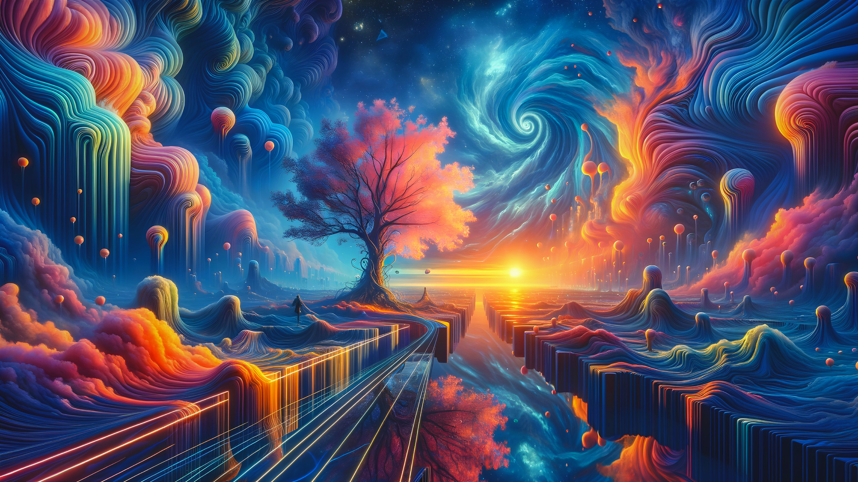 Vibrant Dreamscape with Tree and Ethereal Balloons
