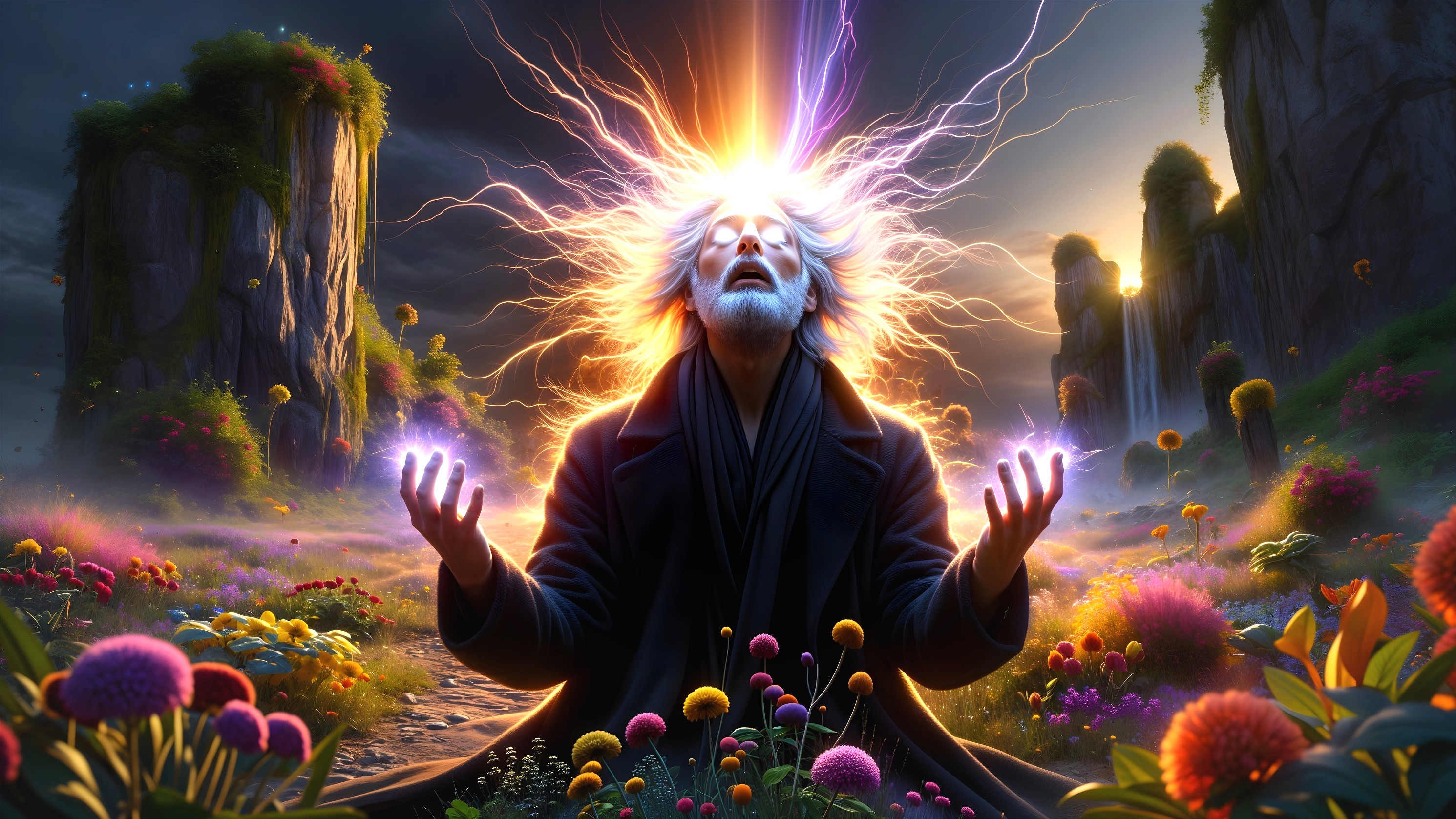 Mystical Figure in Surreal Landscape with Radiant Glow