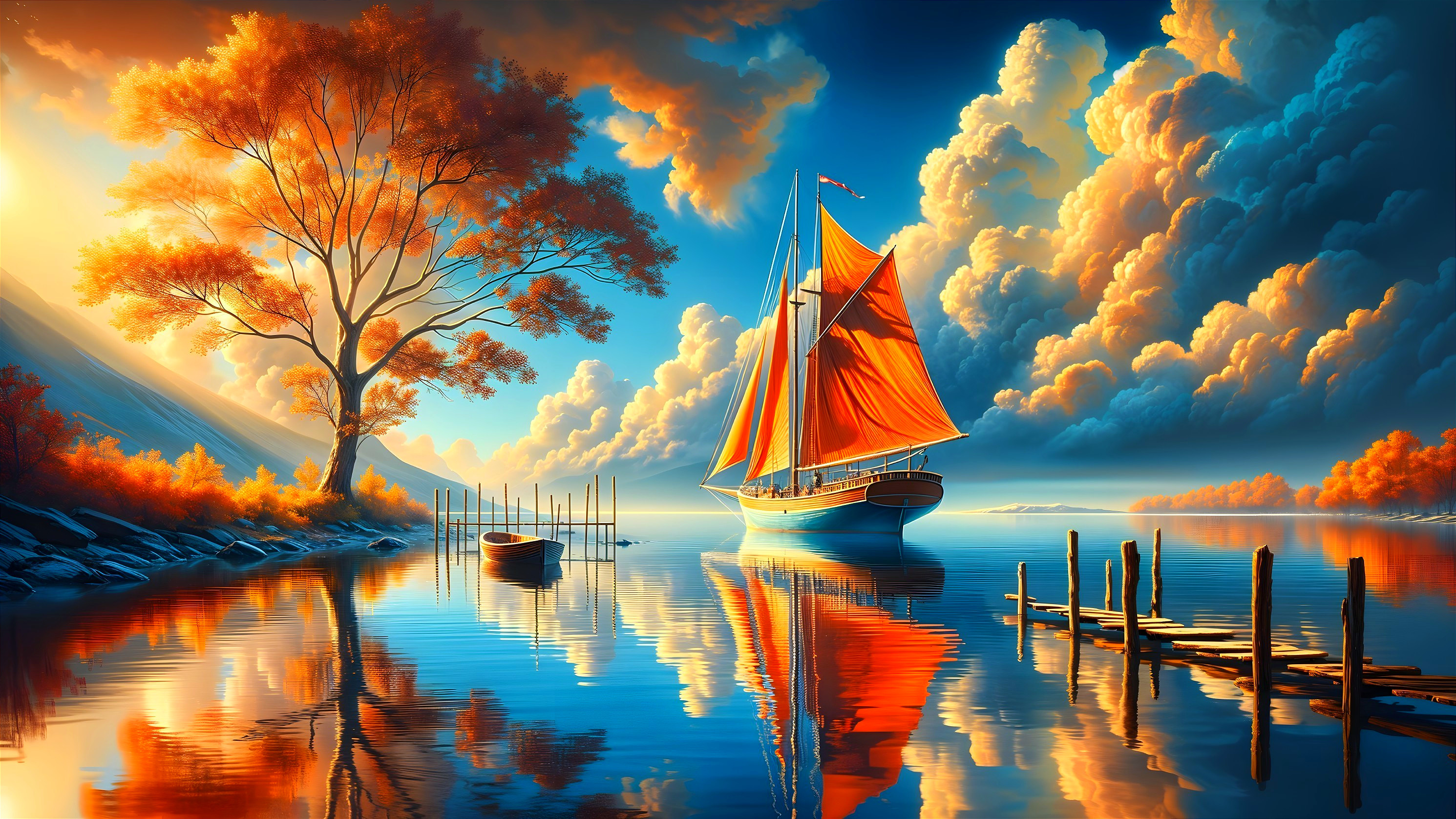Serene Lake at Sunset with Vibrant Sailboat and Dock