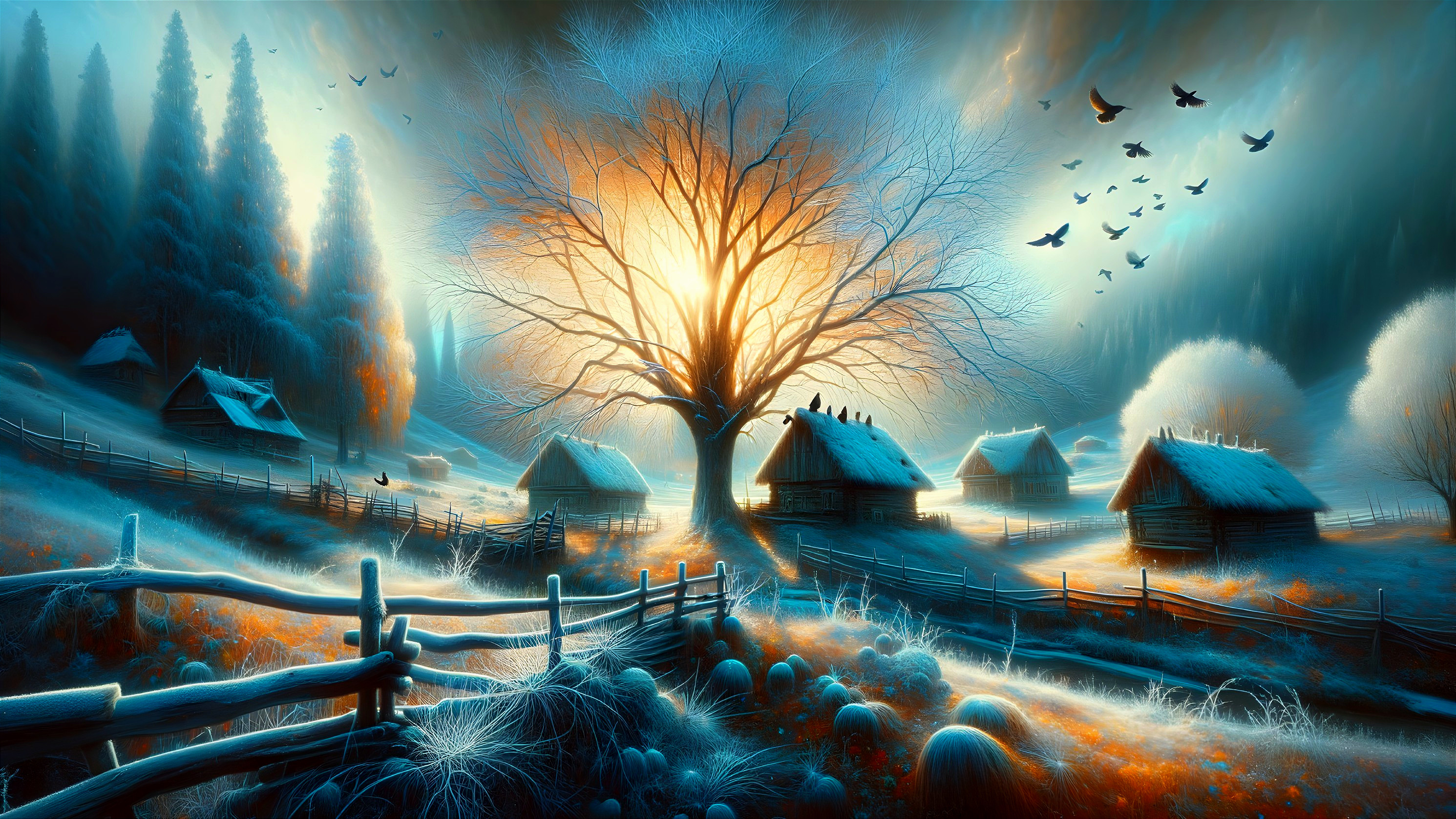 Serene Dawn Landscape with Glowing Tree and Houses