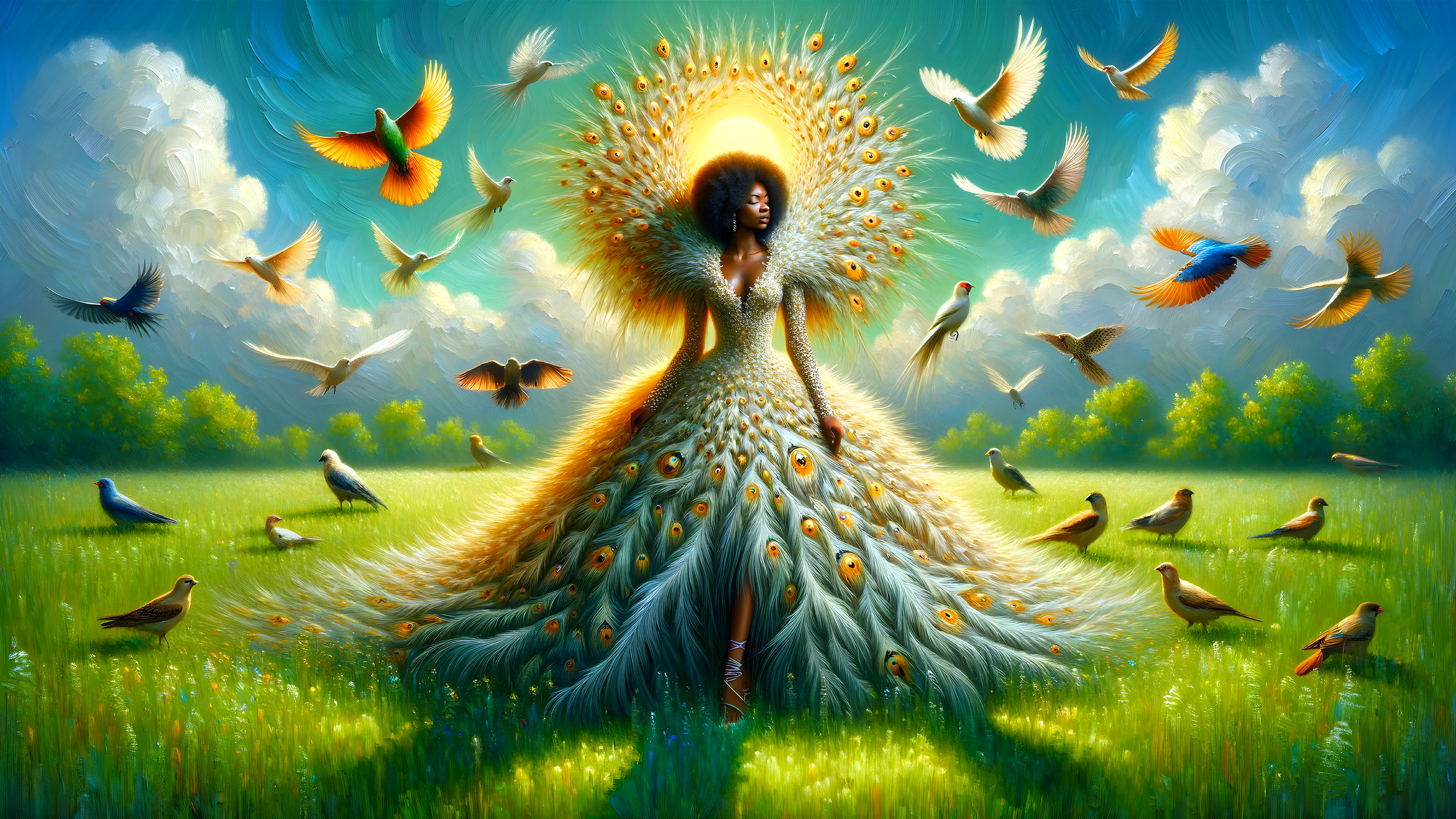 Majestic figure in peacock gown in sunlit meadow