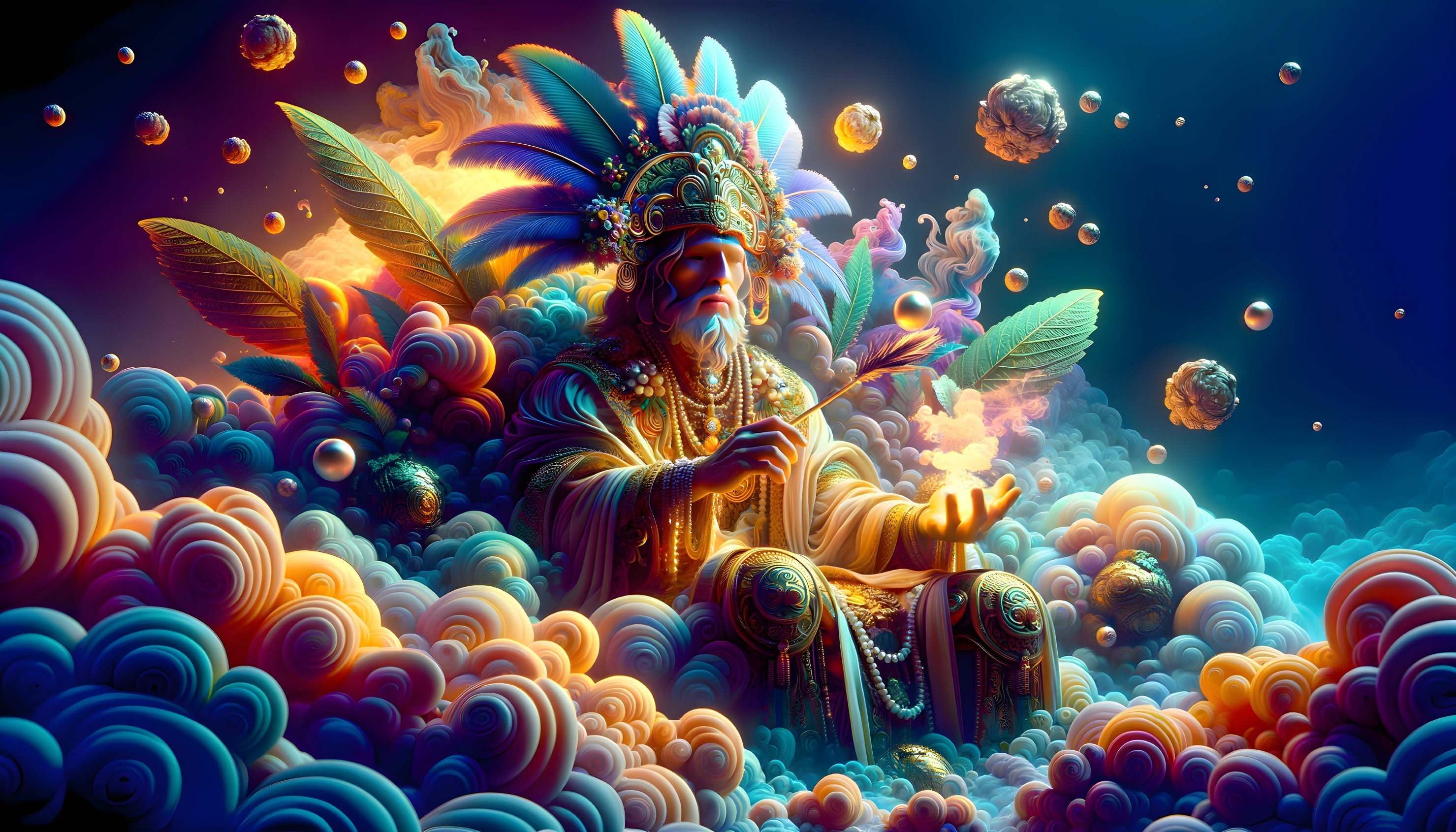 Colorful ornate figure in fantastical scene with swirling clouds and floating elements