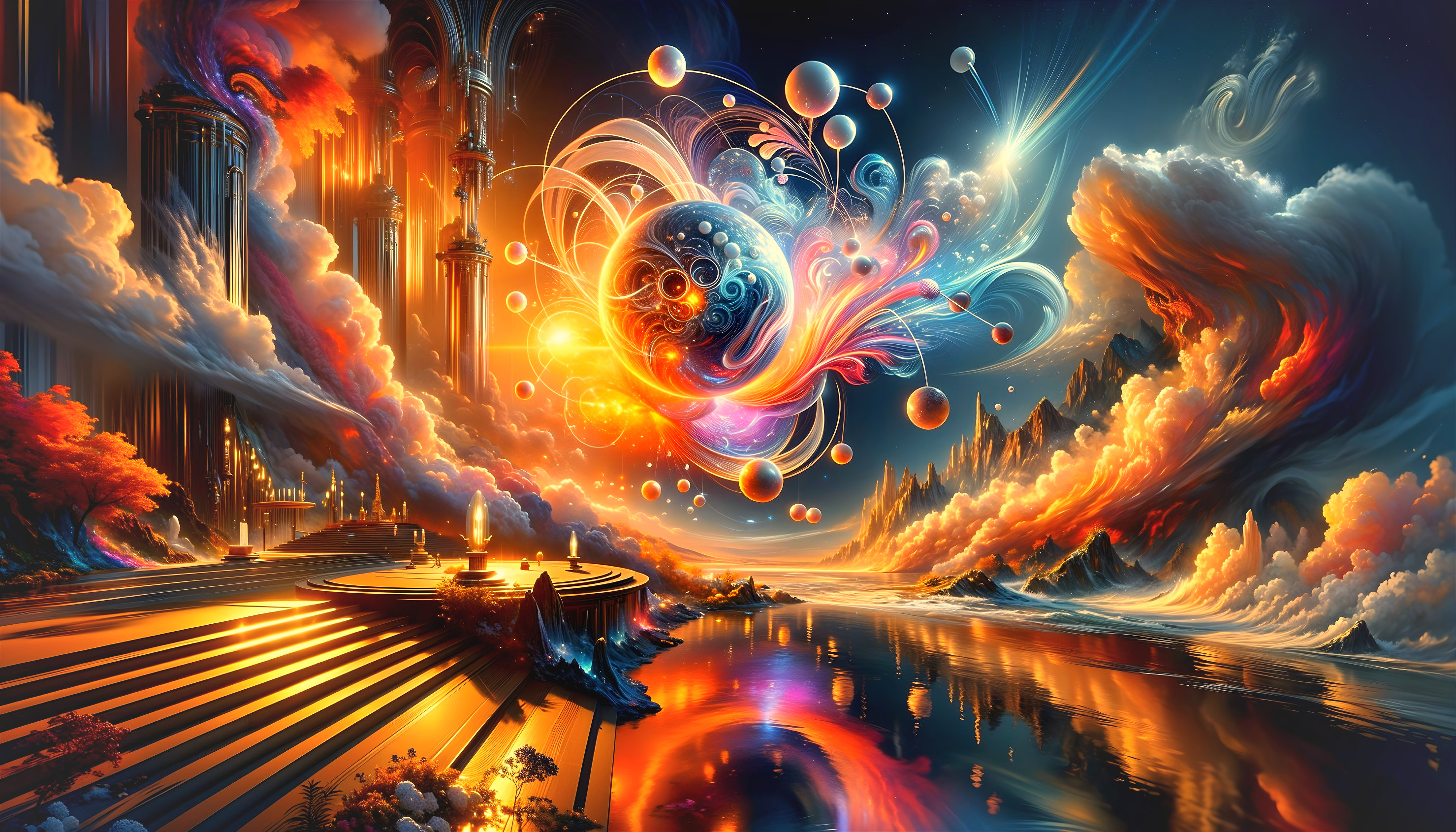 Surreal Landscape with Colorful Orbs and Pillars