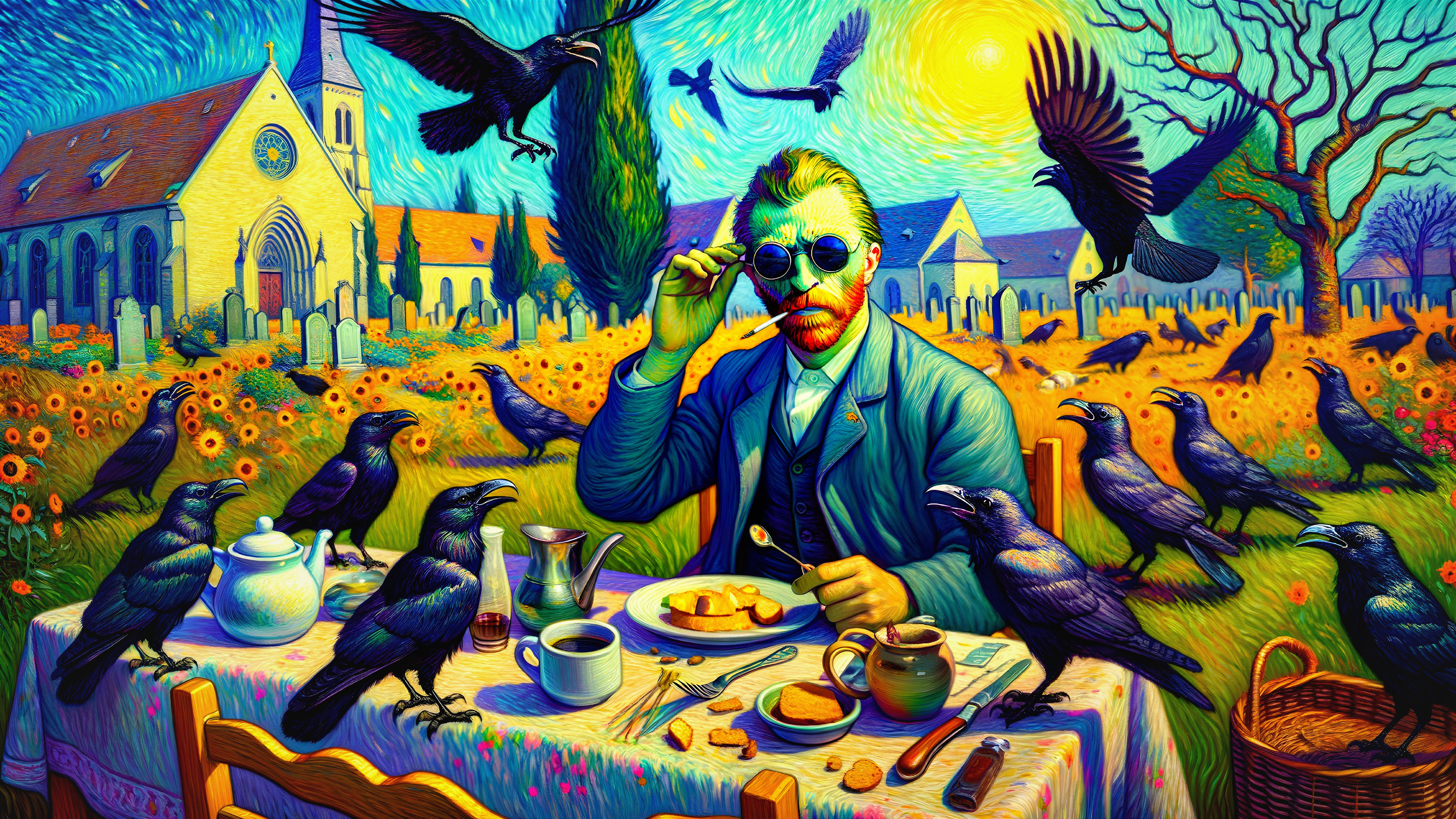 Surreal Breakfast Scene with Crows and Wildflowers