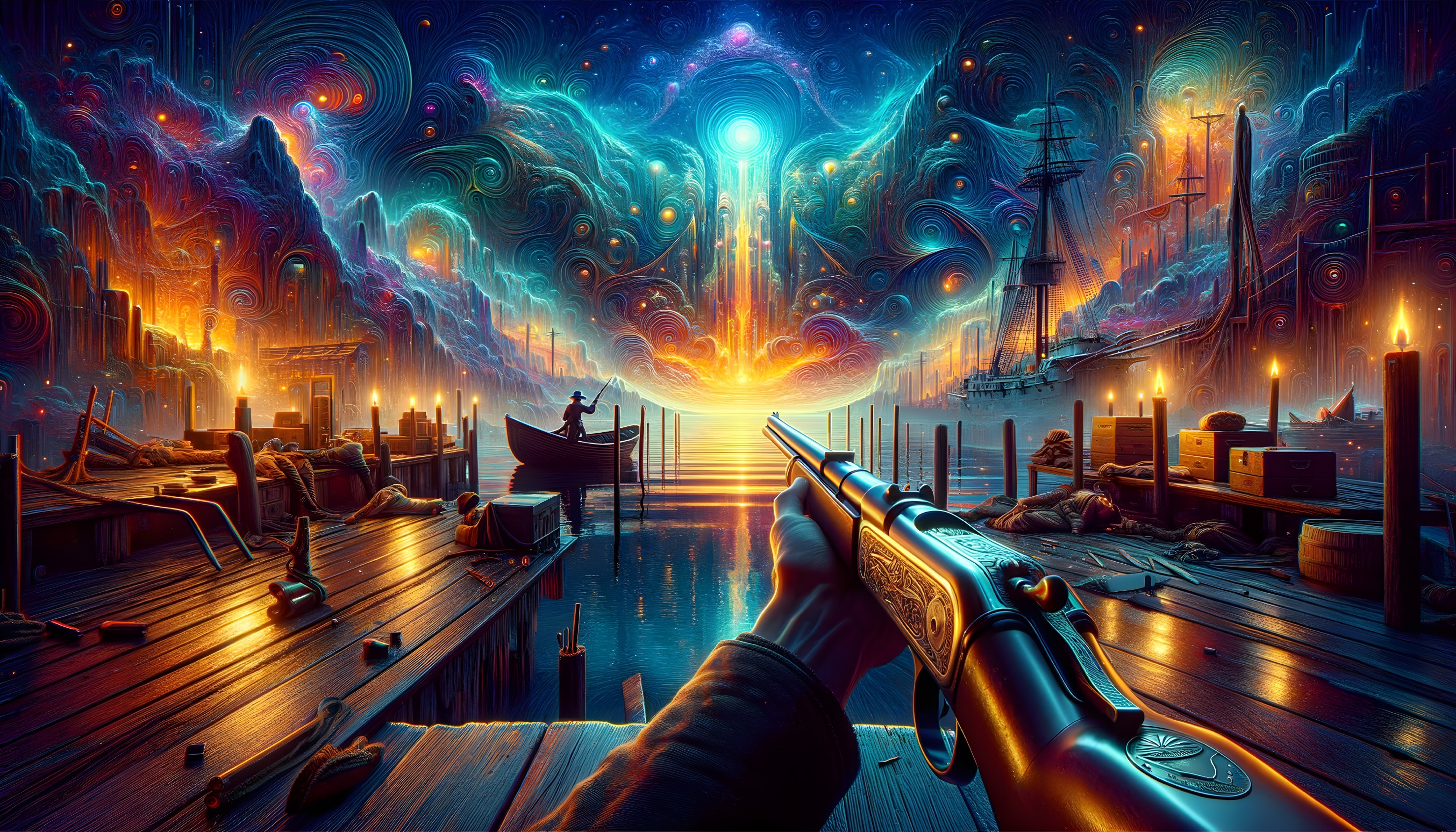 Vibrant mystical harbor scene with swirling skies and ornate gun.