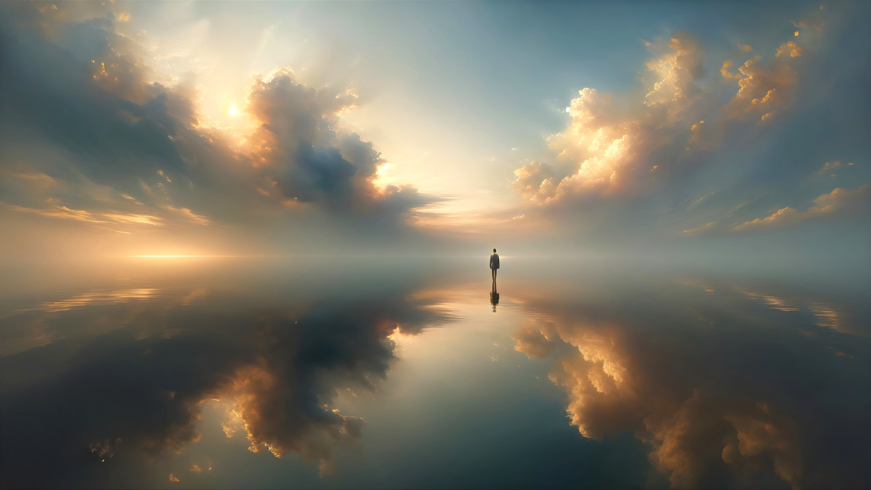 Tranquil Landscape with Water and Dramatic Sunset Sky
