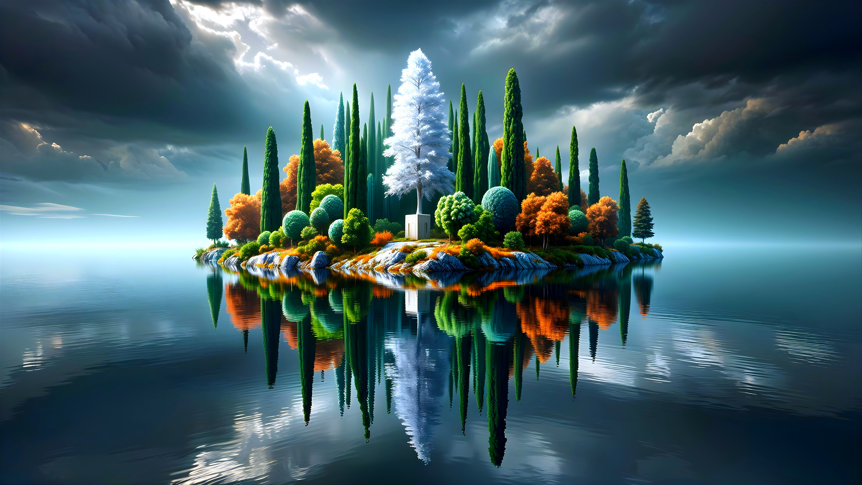 Serene Island Scene with Lush Foliage and Reflections