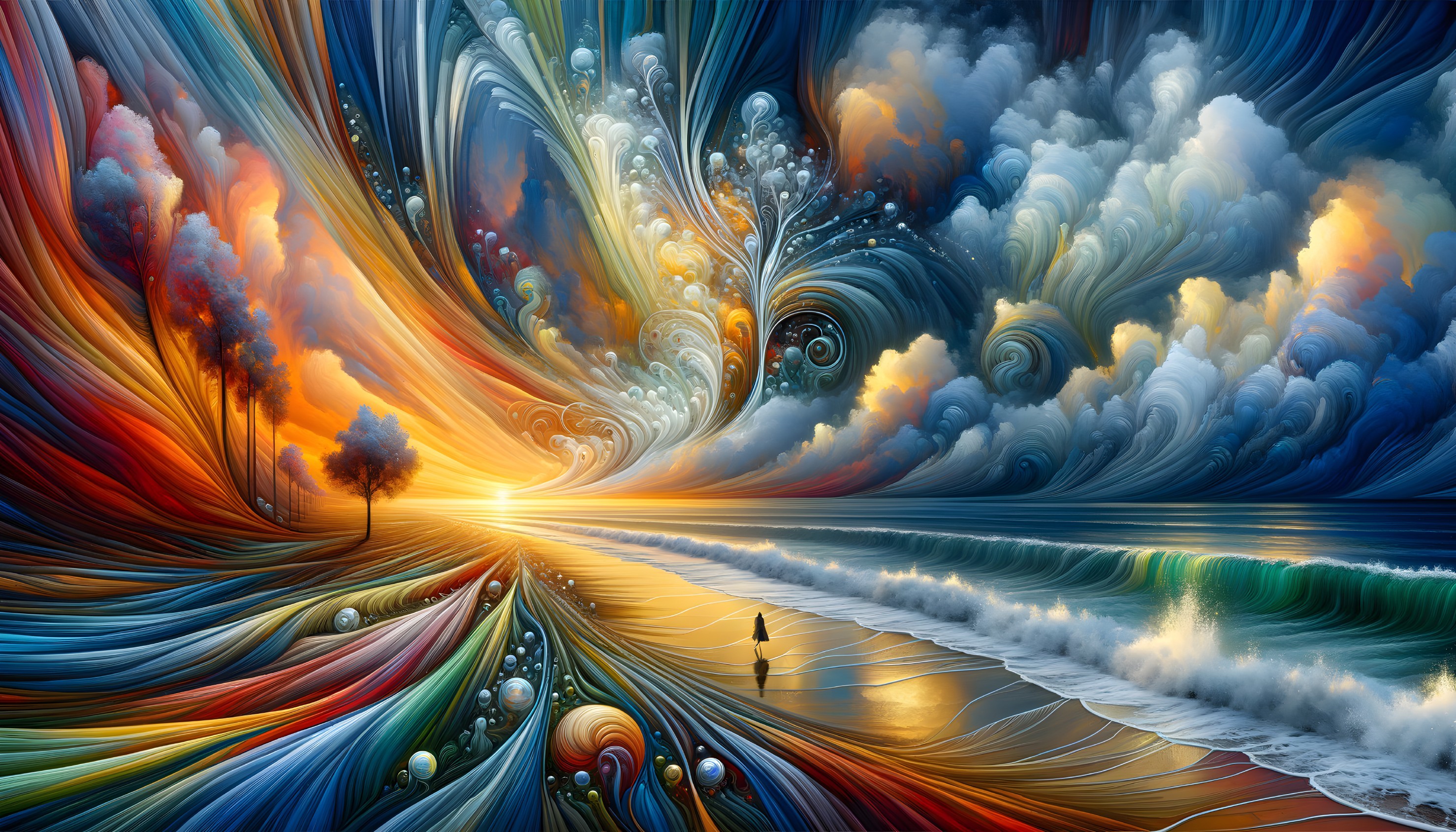 Colorful surreal landscape with sunset, tree, water, and lone figure