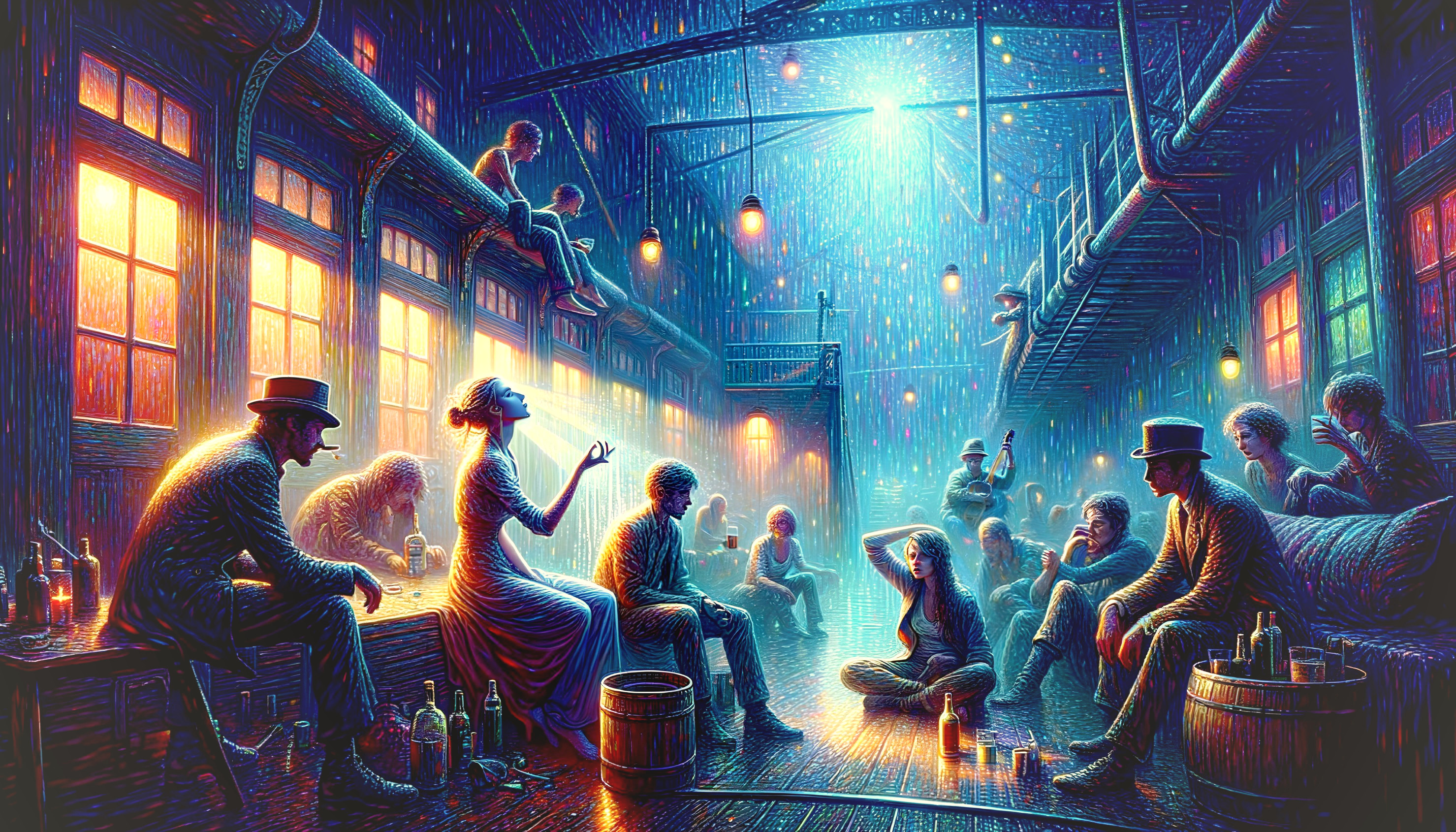 Colorful Illustration of Vintage Bar Scene in Rainy Weather