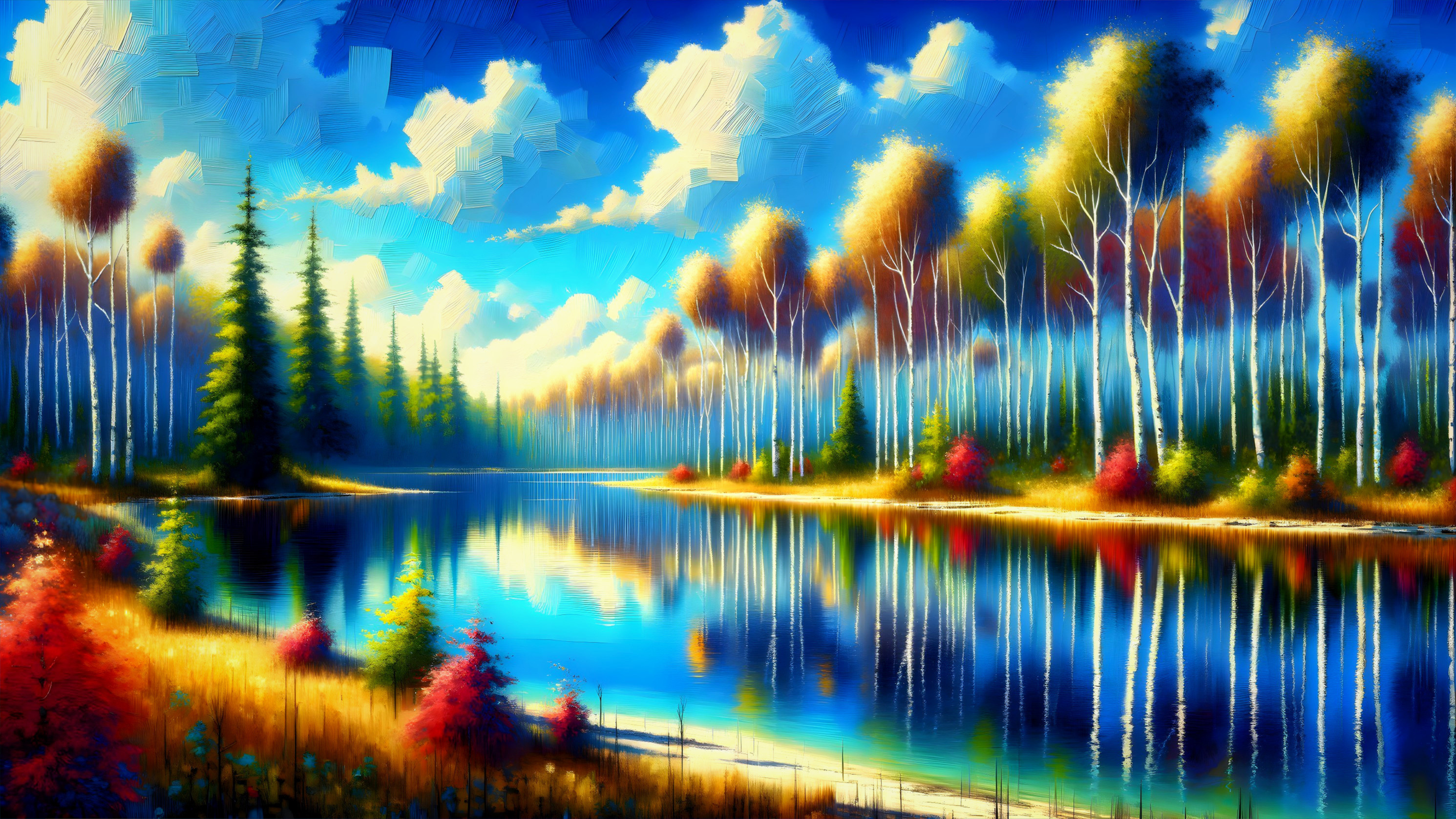 Tranquil Lake and Autumn Landscape with Colorful Flora