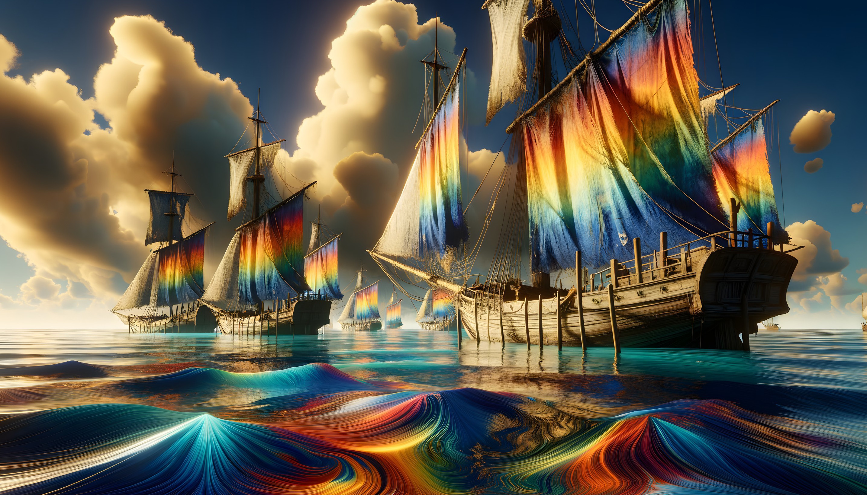 Colorful sailing ships on surreal ocean with dynamic clouds