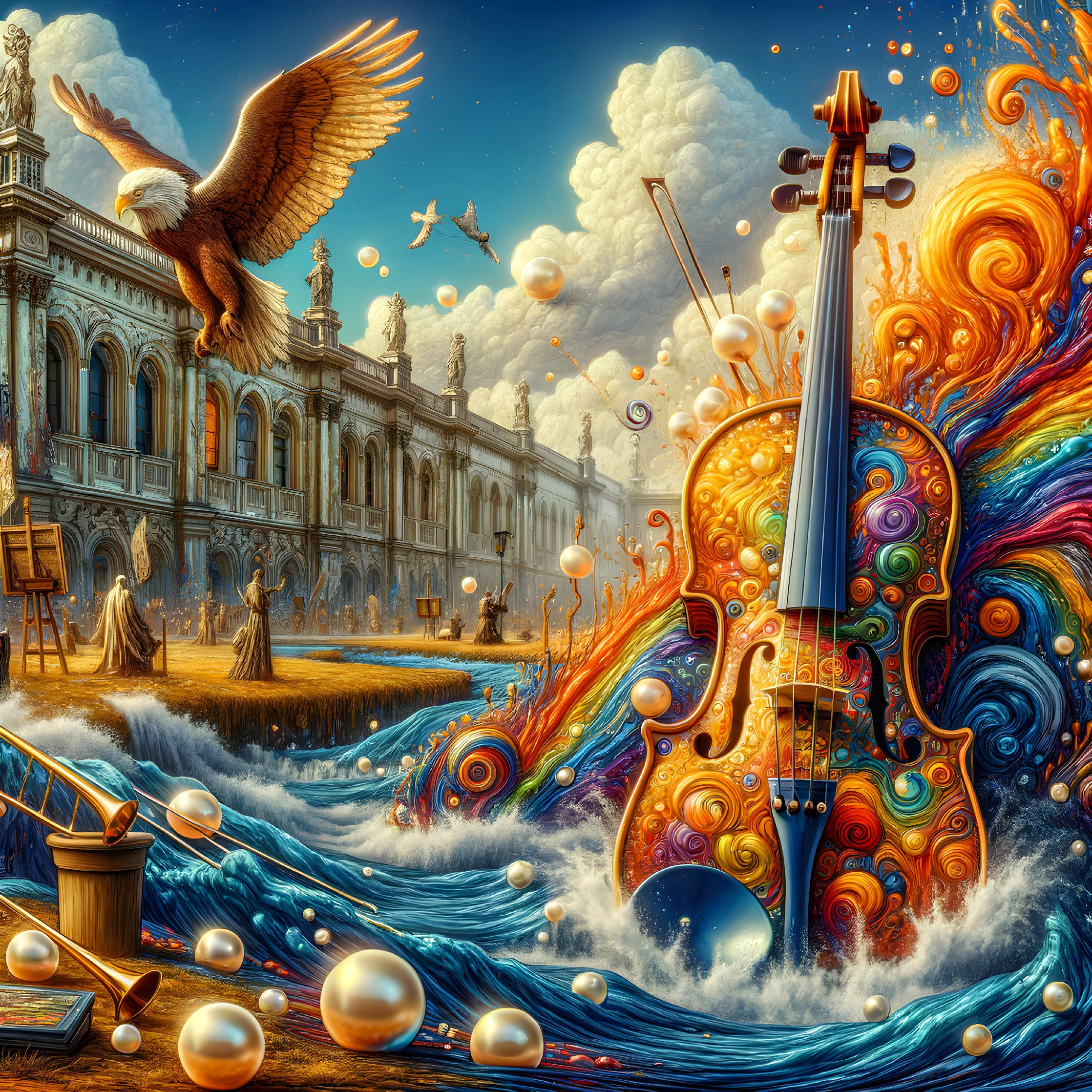 Surreal landscape with violin, wave, pearls, eagle, and more