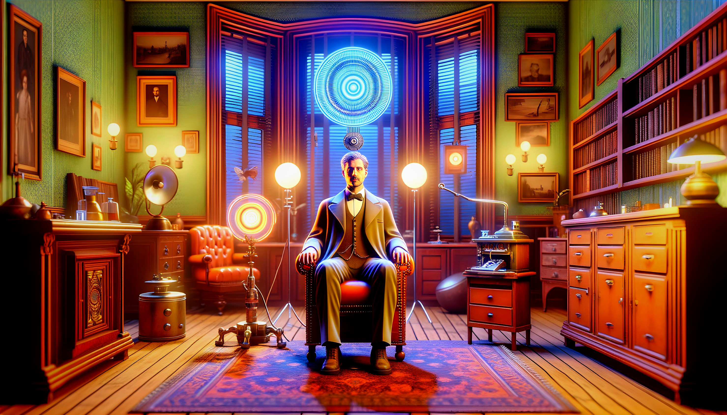 Animated Character in Victorian Room with Orbs and Machinery