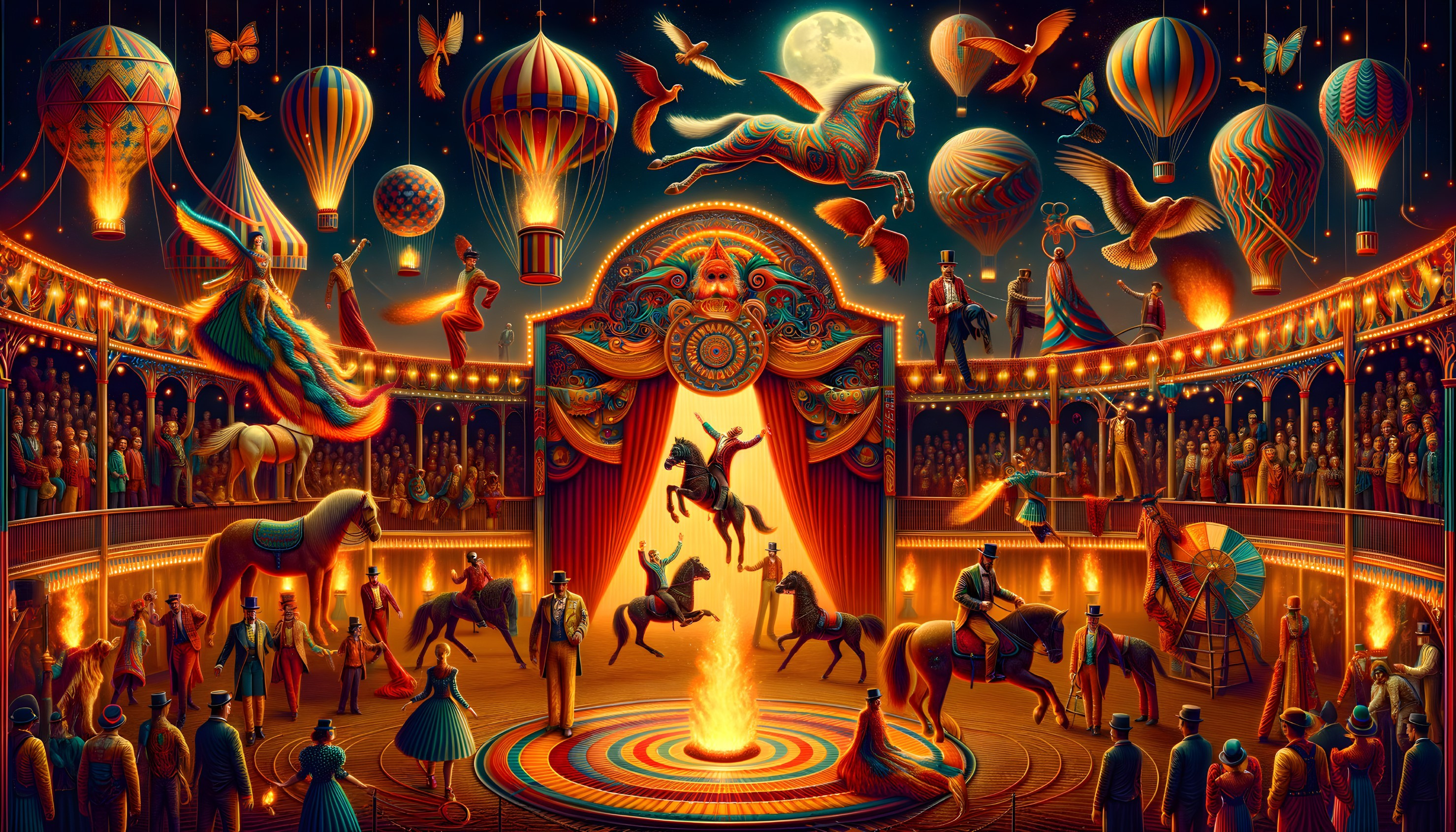 Colorful circus performers, horses, and hot air balloons in a whimsical tent setting