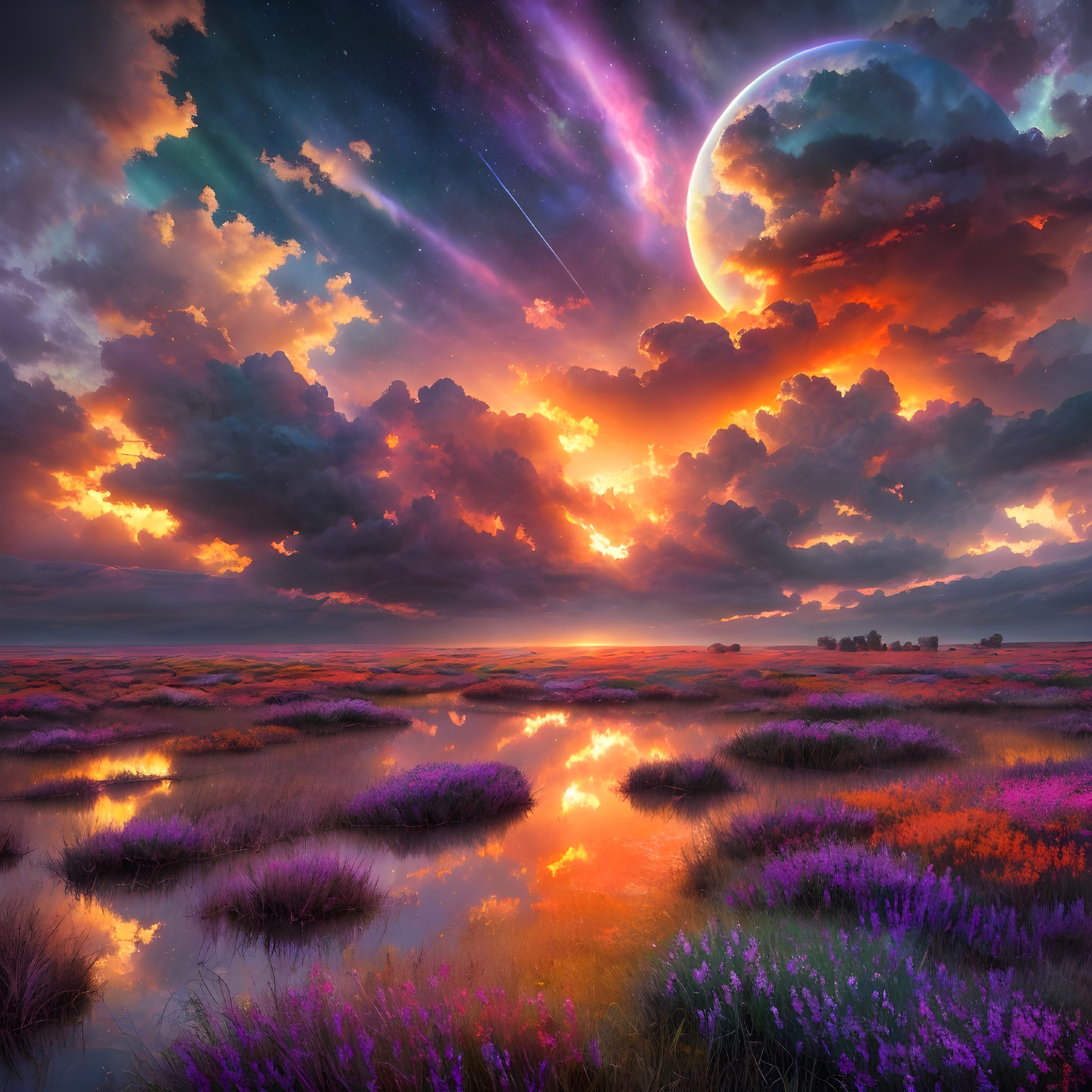 Vibrant sunset landscape with celestial body and purple flora