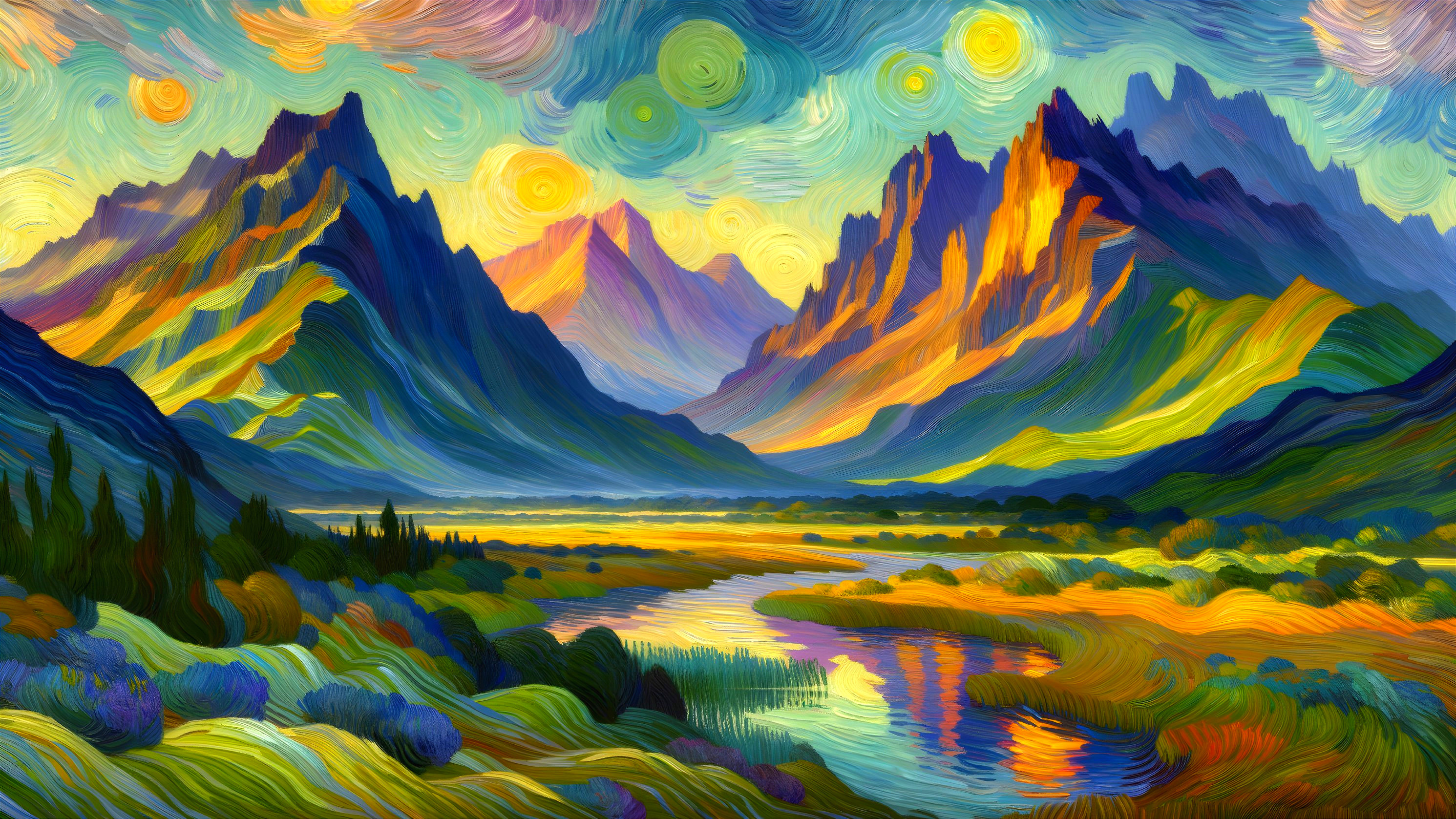Vibrant landscape with mountains, river, and greenery