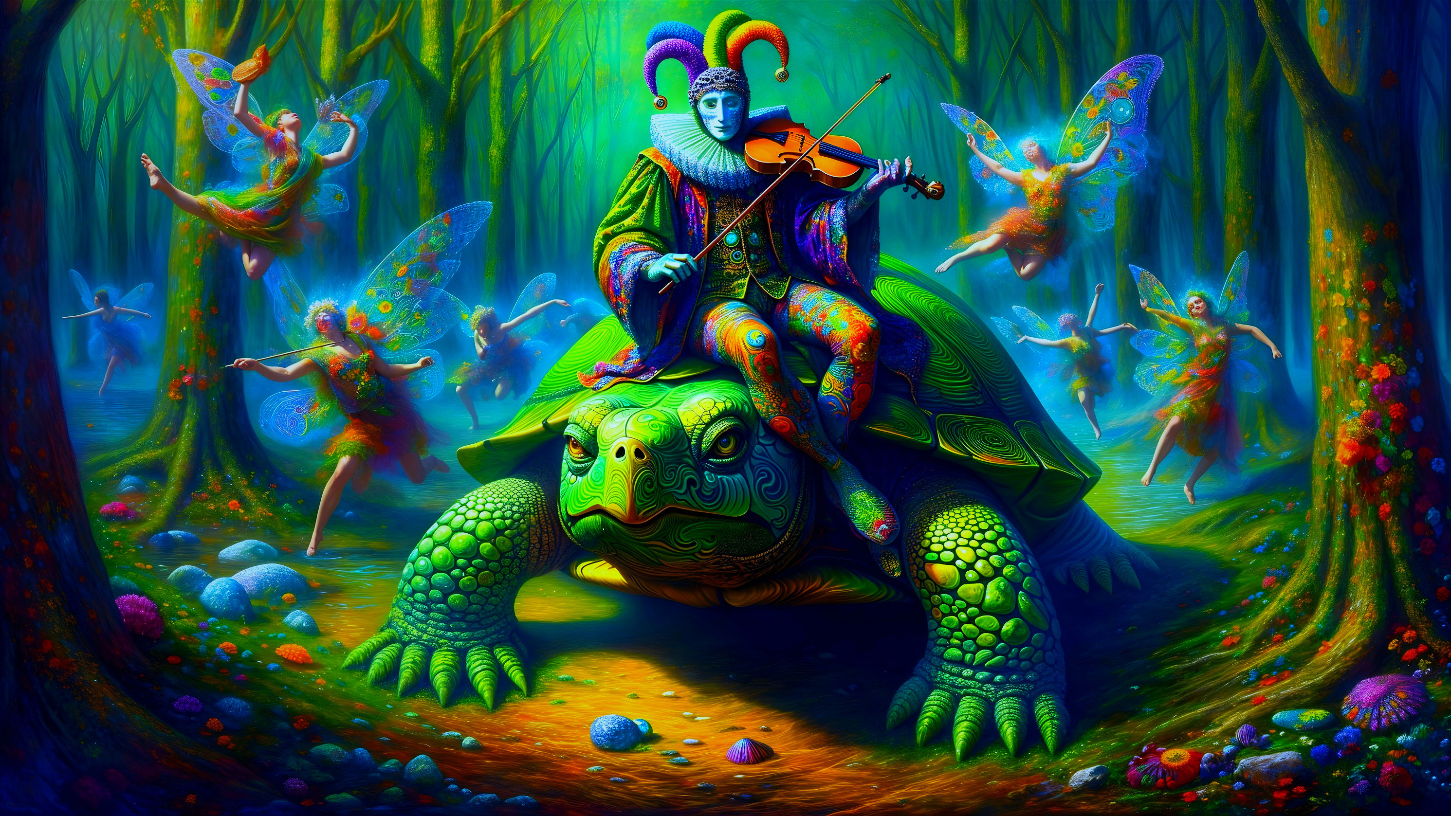 Jester Playing Violin on Turtle in Enchanted Forest