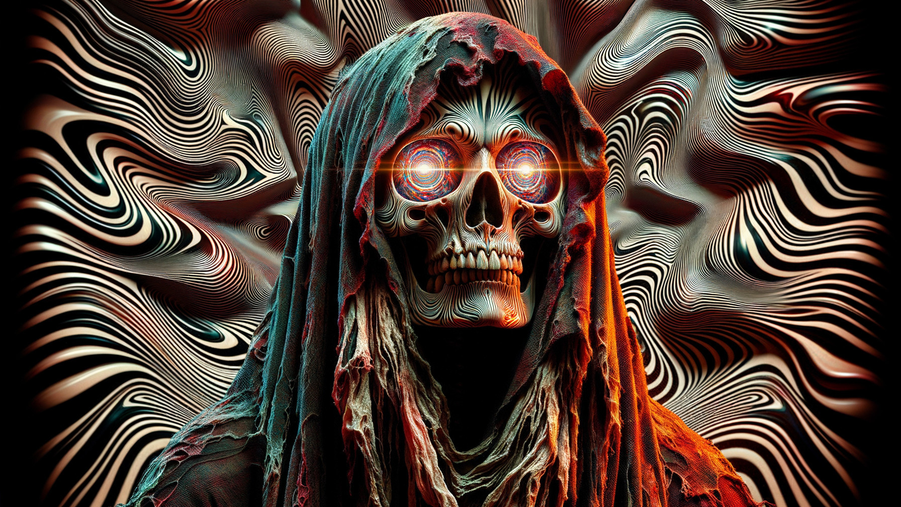 Eerie Skull Figure with Tattered Fabric and Glow