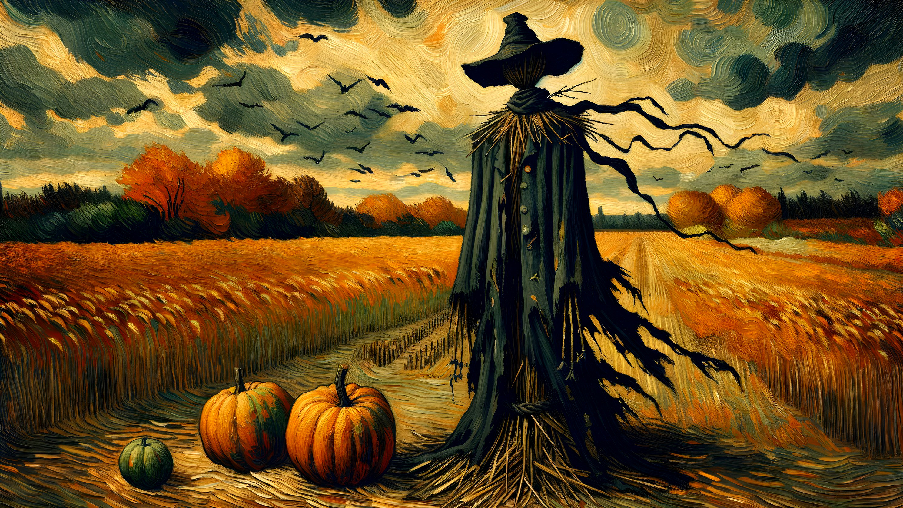Scarecrow in Wheat Field with Pumpkins and Bats