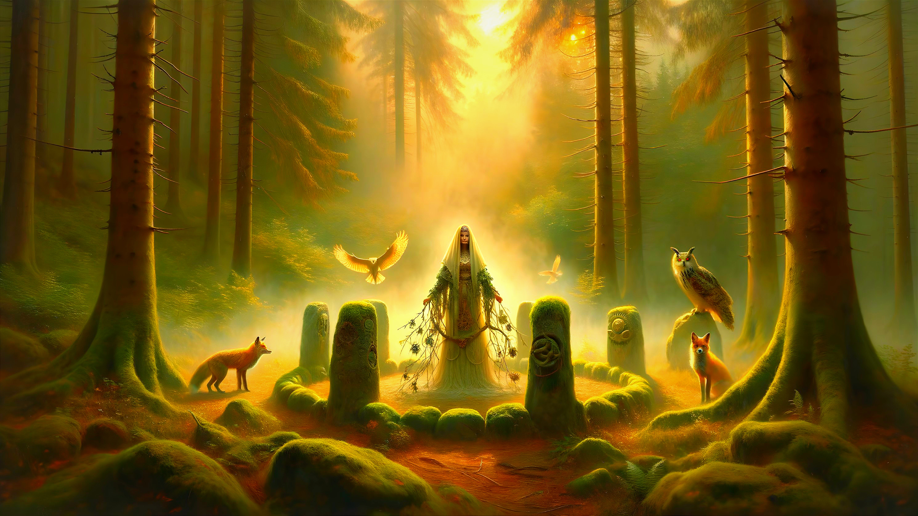 Mystical forest scene with serene figure and wildlife