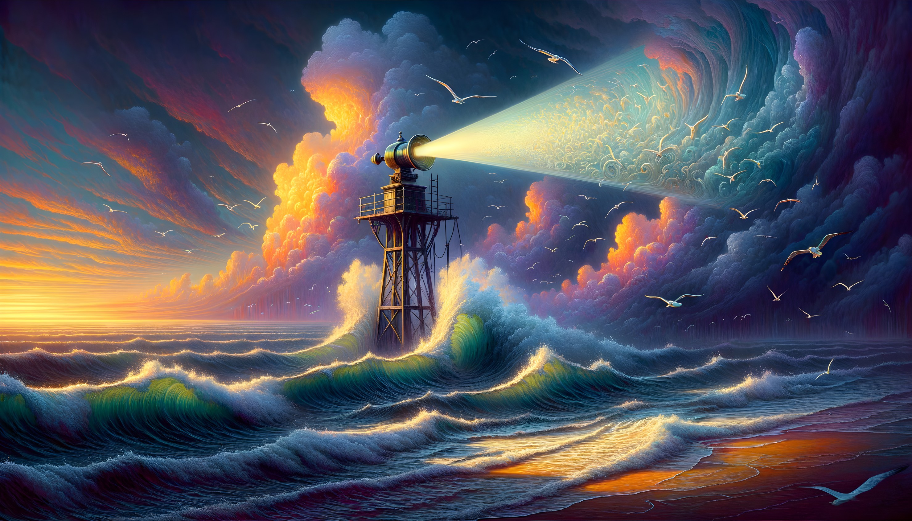 Lighthouse beam illuminating dramatic sunset sky with waves and seagulls