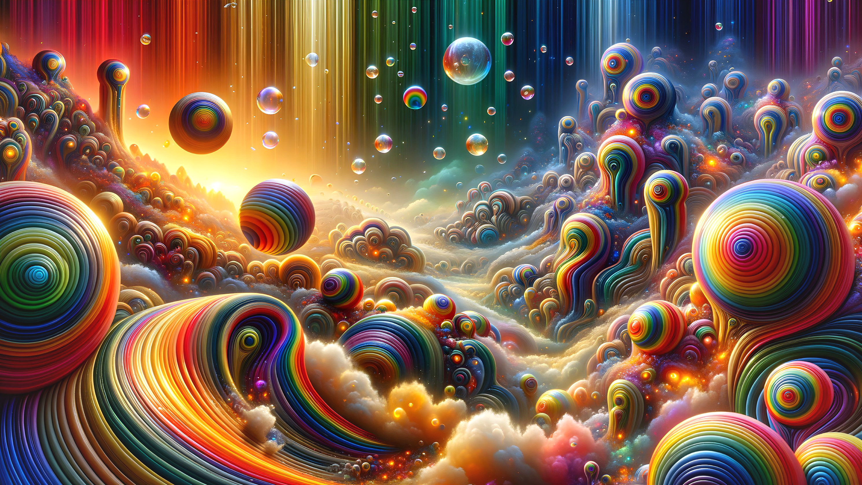 Surreal Landscape with Colorful Spheres and Light Rays