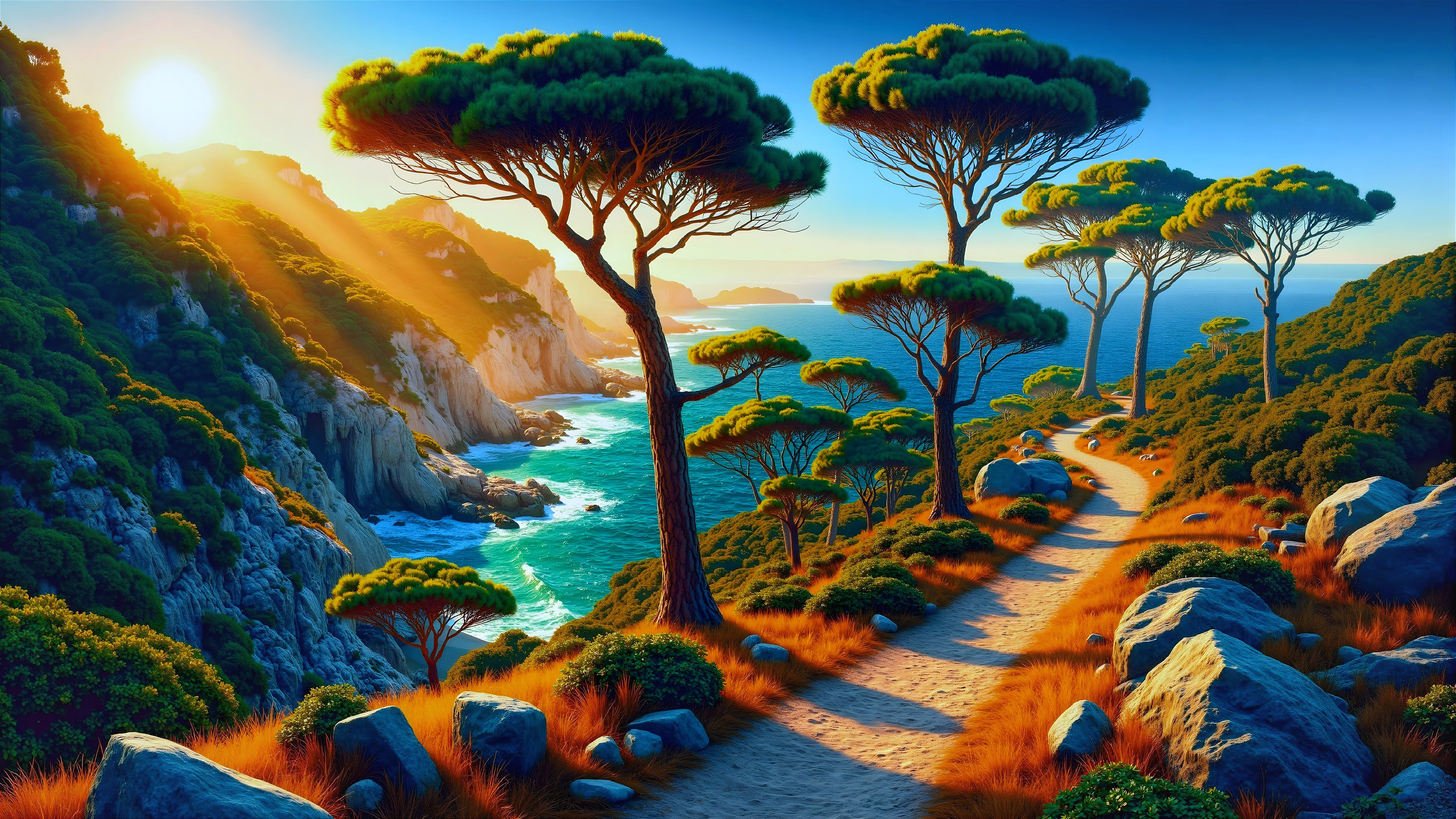 Coastal Landscape with Winding Path and Sunset Views