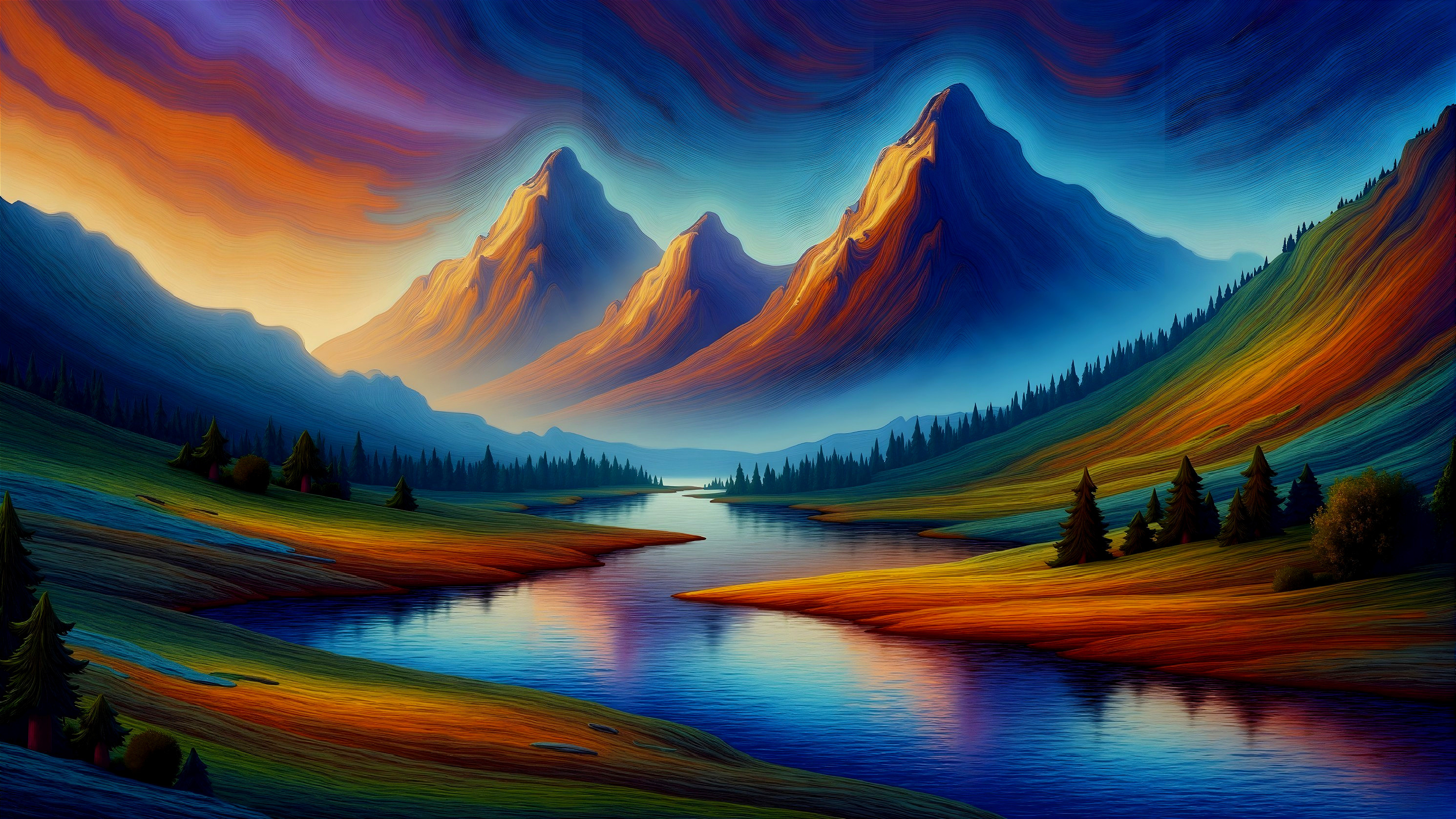 Vibrant Sunset Landscape with Mountains and River