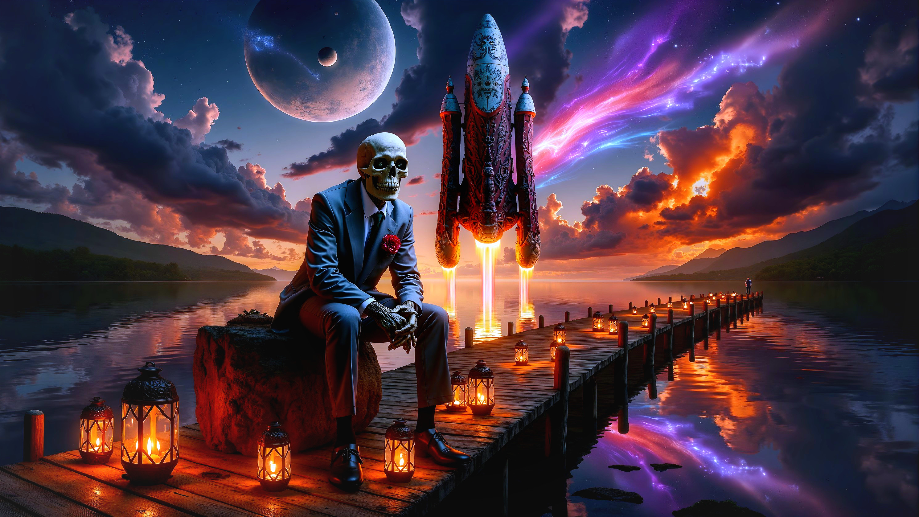 Skeletal Figure on Pier with Rocket and Cosmic Sky